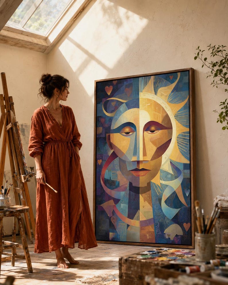 Geometric abstract face with a golden sunburst centre, blue and gold shapes, and small heart motifs