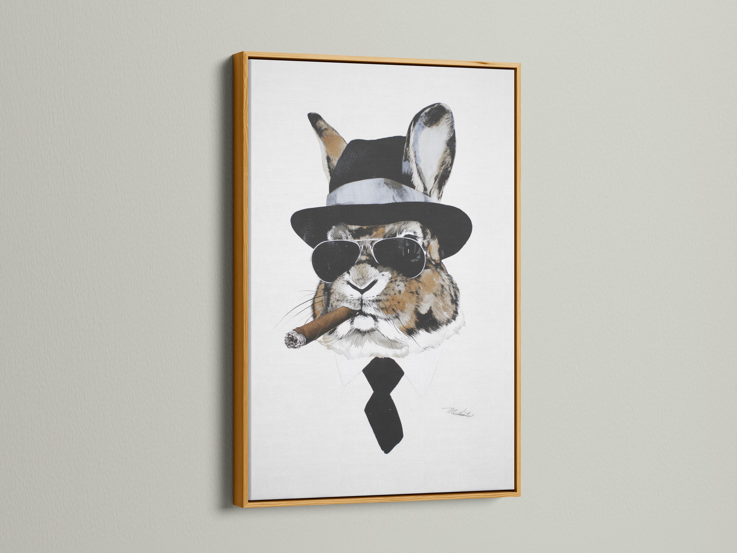 Illustrated rabbit wearing a black top hat, round sunglasses and bow tie on a light background detail view