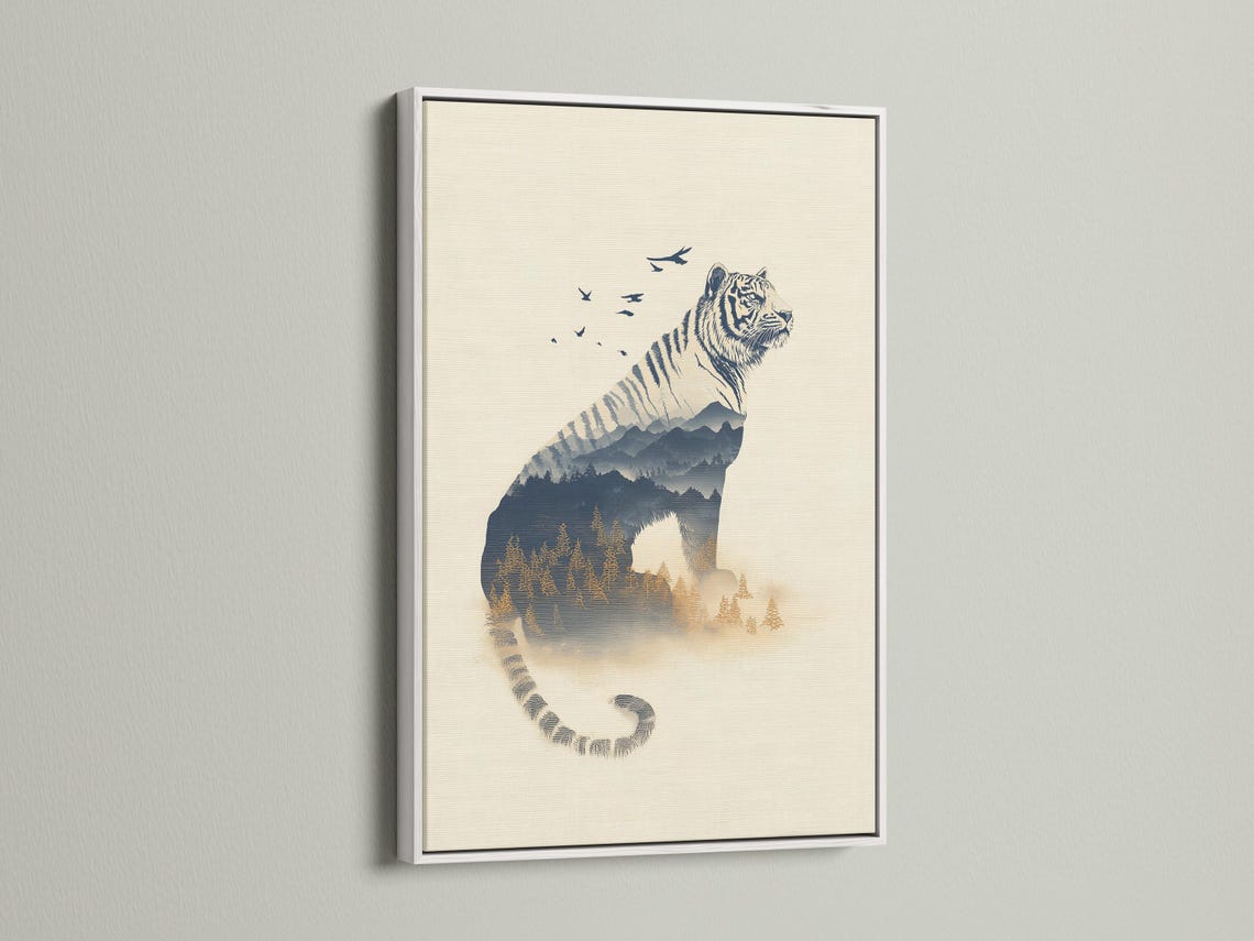 Tiger wall art mockup with double exposure forest layers and birds in flight
