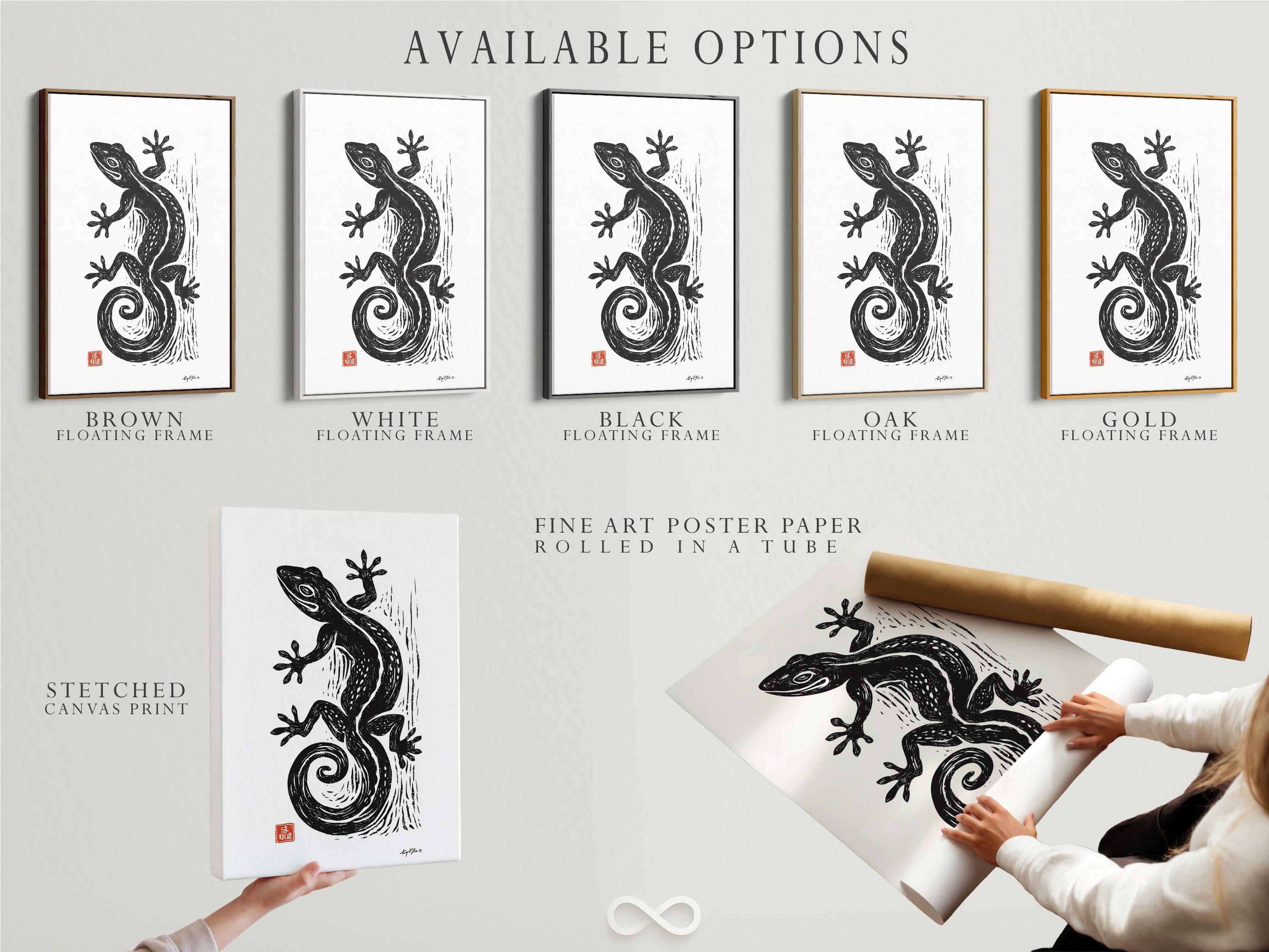 Room mockup showing framed lizard illustration on a wall with small red seal detail