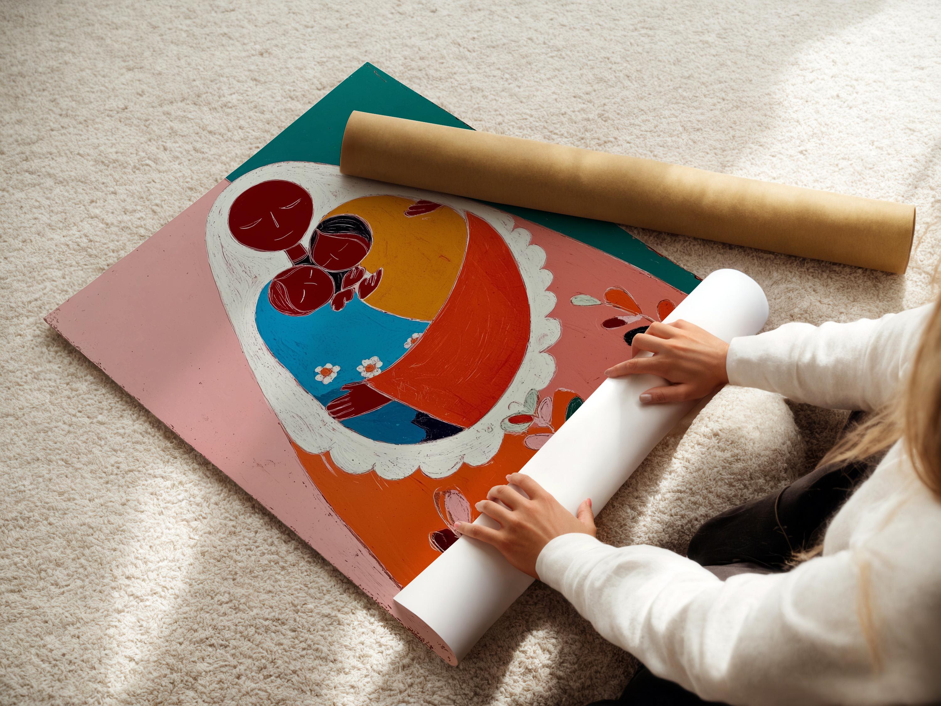 Framed mother and child portrait artwork in pink and teal colours in a mockup scene