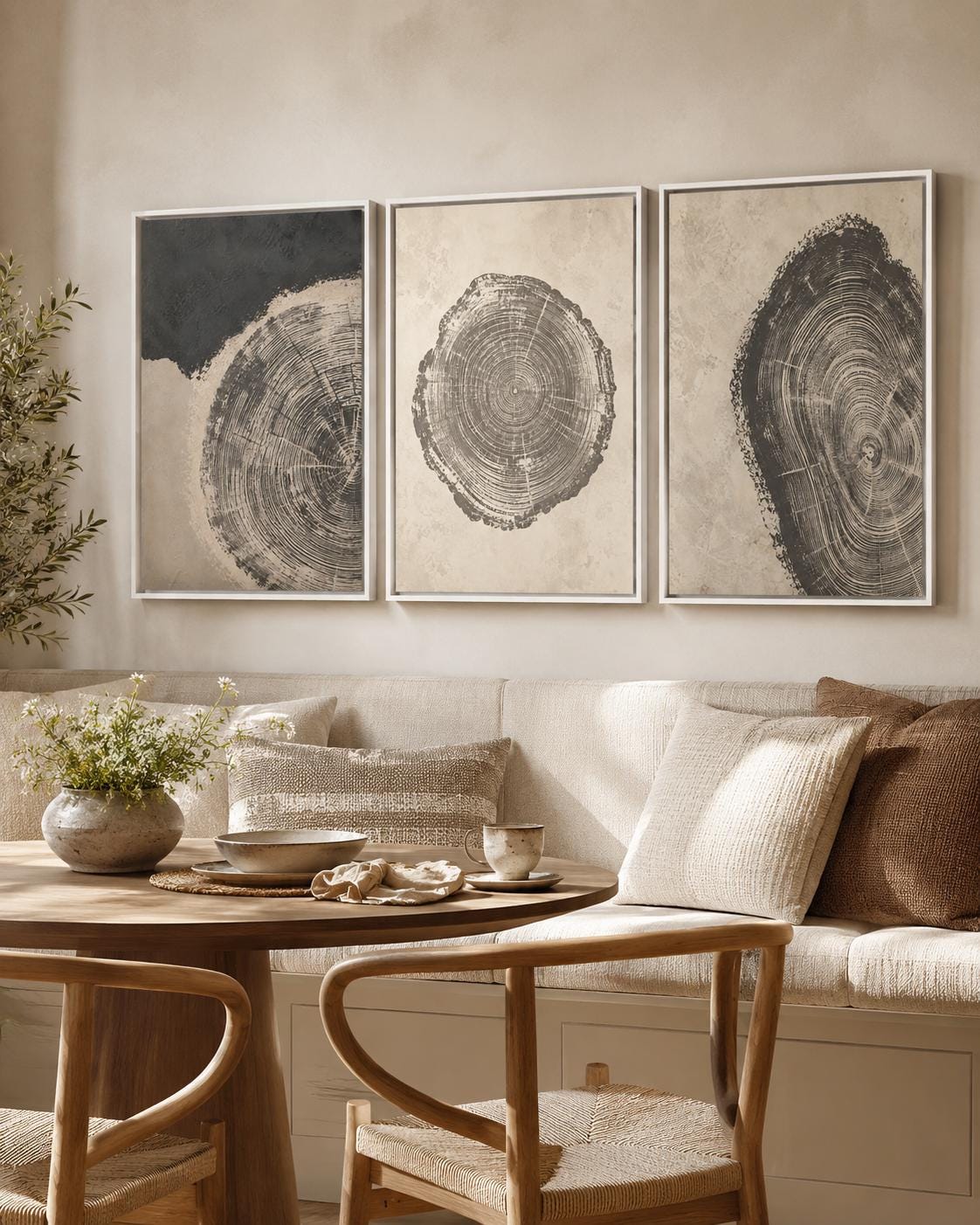 Three-panel abstract tree-ring circles in grey linework on neutral backgrounds detail view