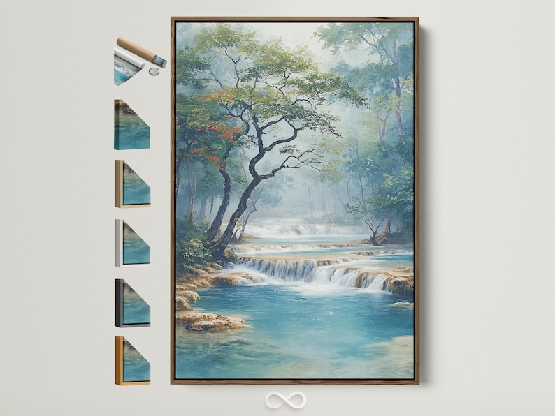 Painterly teal waterfall landscape framed by green trees and red blossoms