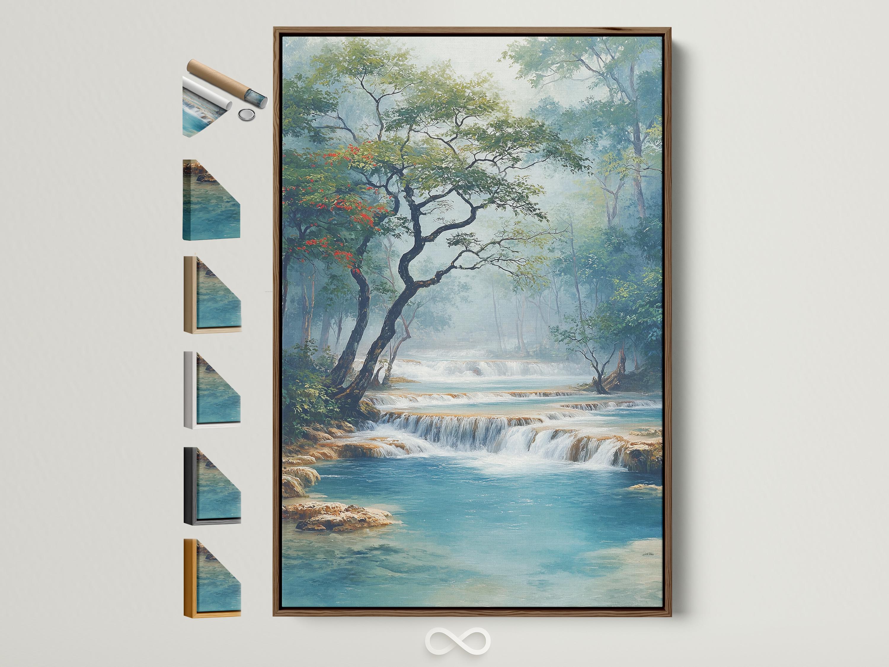 Painterly teal waterfall landscape framed by green trees and red blossoms