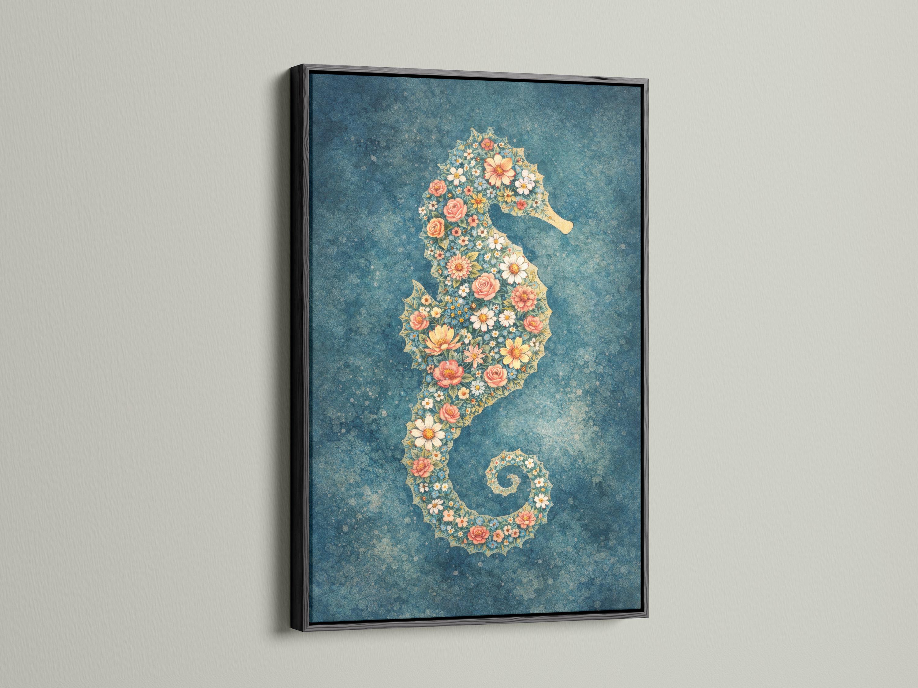 Room mockup showing a framed floral seahorse artwork above a sofa