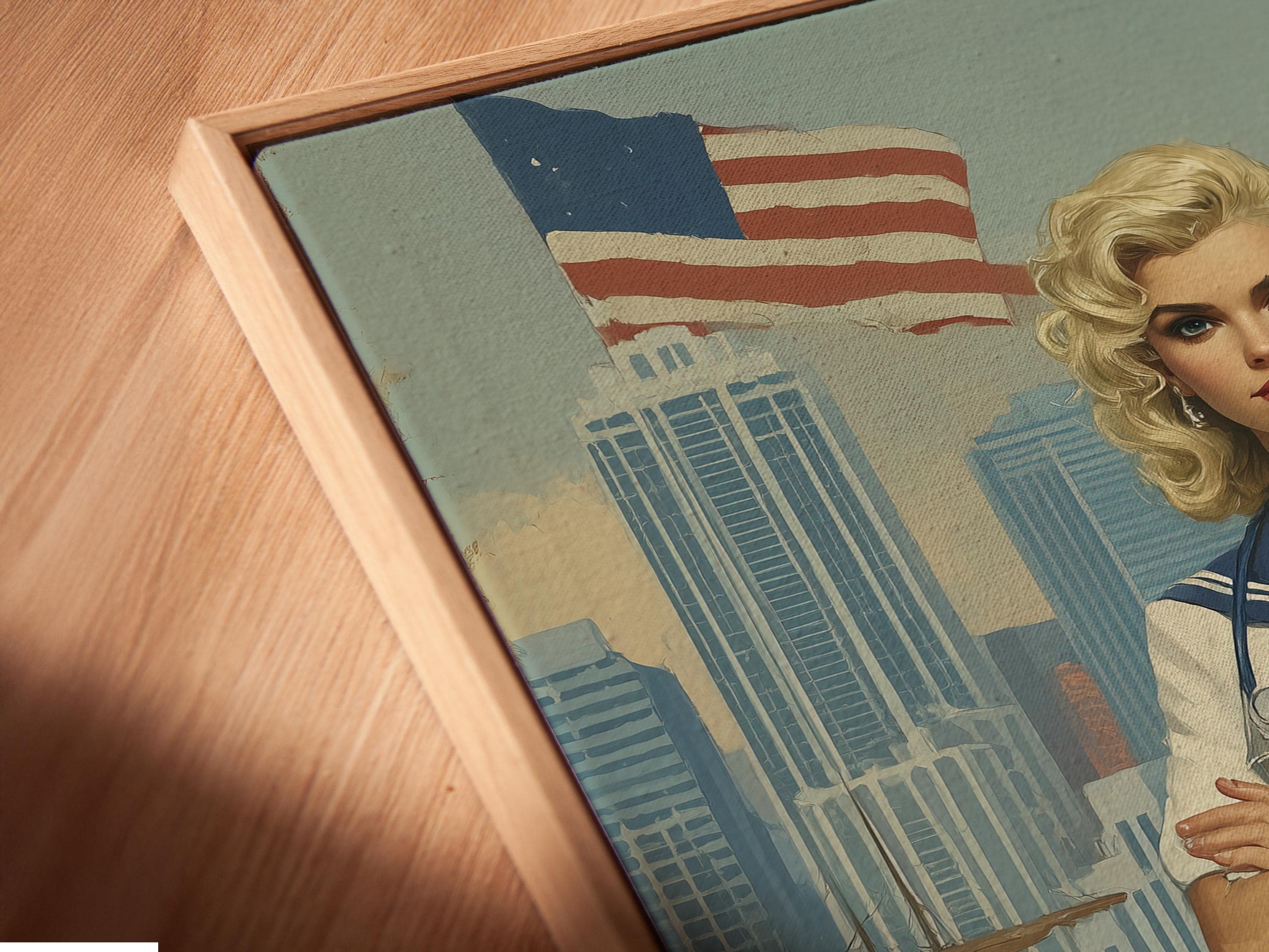 Stylised sailor-girl portrait with a waving American flag and harbour city background detail view