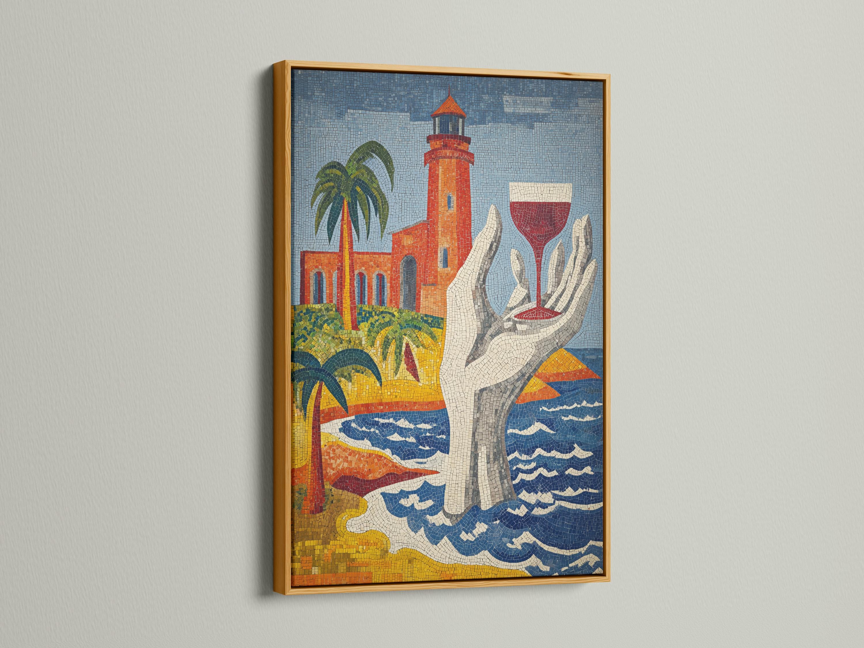 Mosaic lighthouse artwork with palm trees, a lifebuoy and blue wavy sea patterns detail view