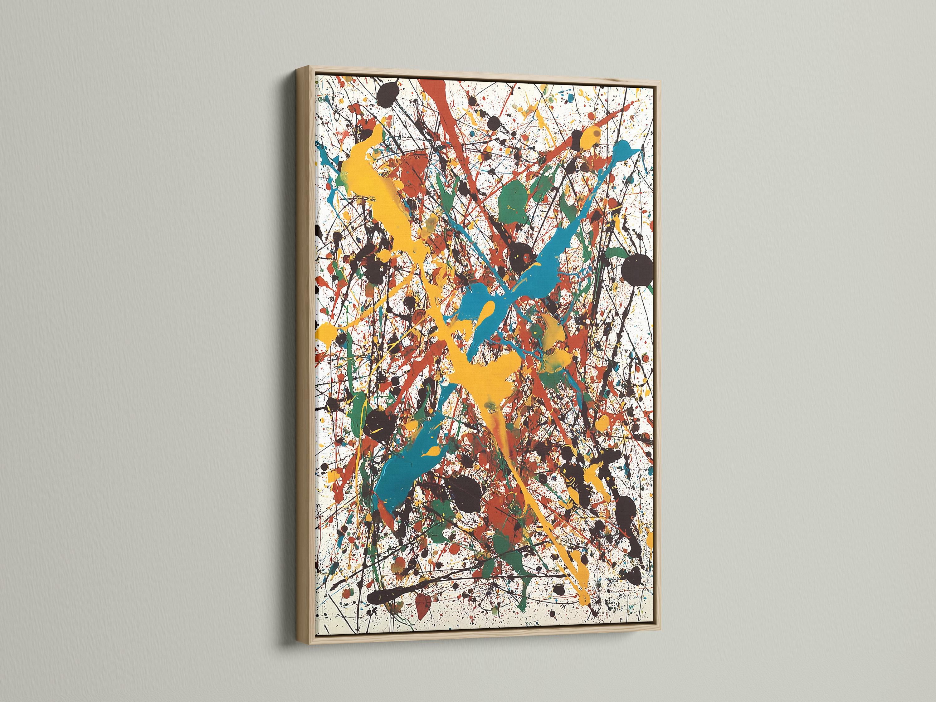 Abstract splatter artwork with layered blue, teal, yellow, red and green shapes on a white background detail view