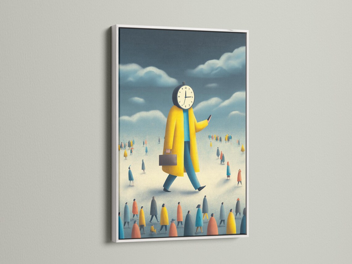 Mockup showing a framed clock-headed figure artwork in yellow and blue on a wall with supporting thumbnail views