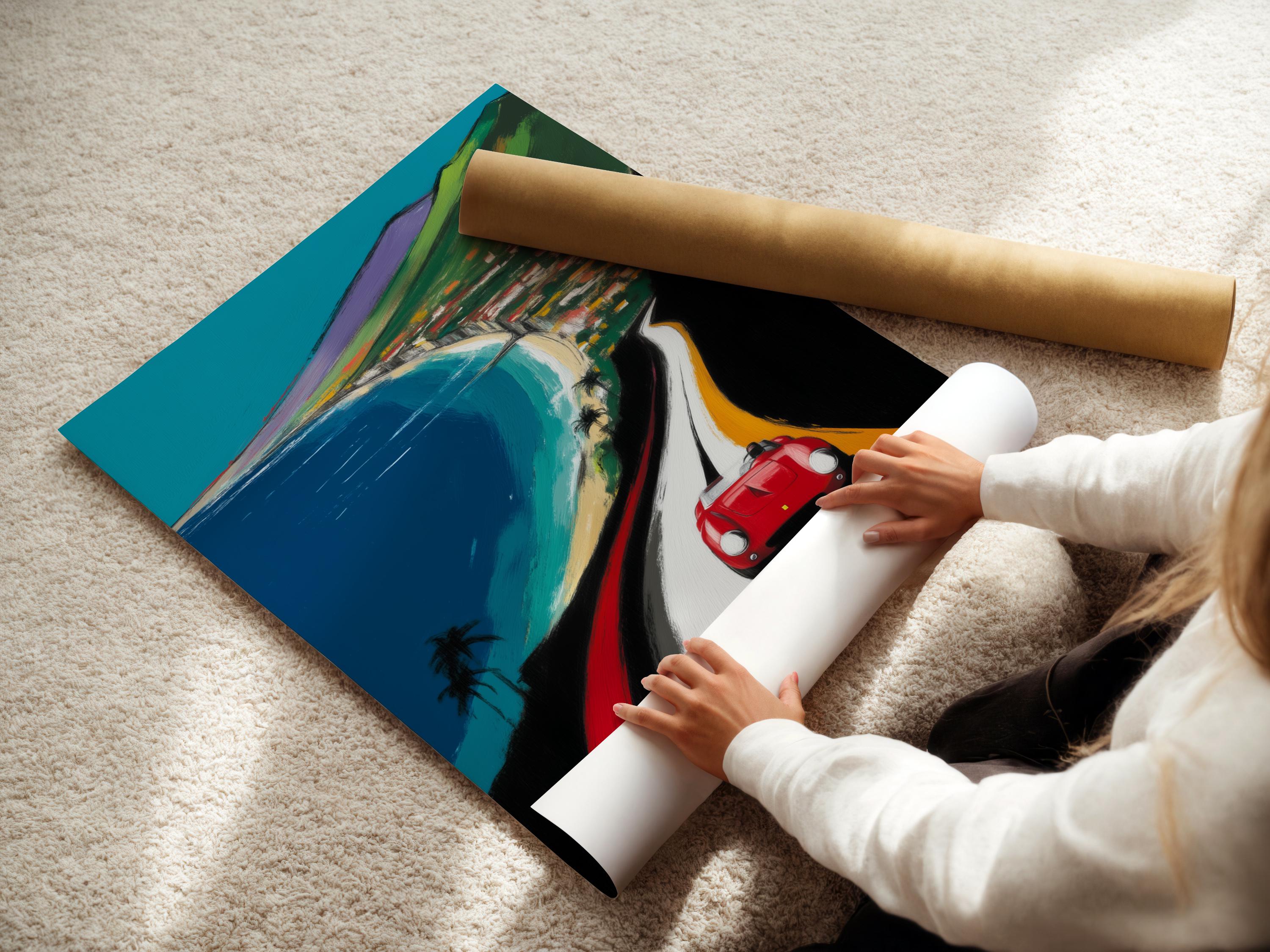 Wall mockup showing a framed artwork of a red sports car on a coastal road with turquoise water
