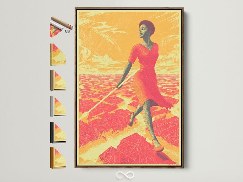 Red and gold desert scene with a woman in profile walking forward