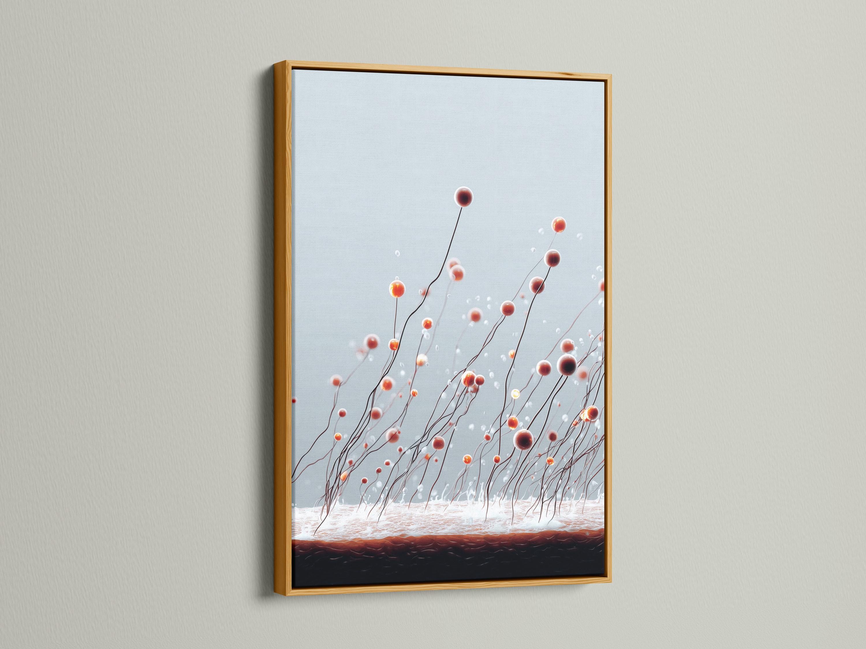 Abstract botanical artwork with curved stems and floating rust and orange bud-like spheres on a pale blue-grey background detail view