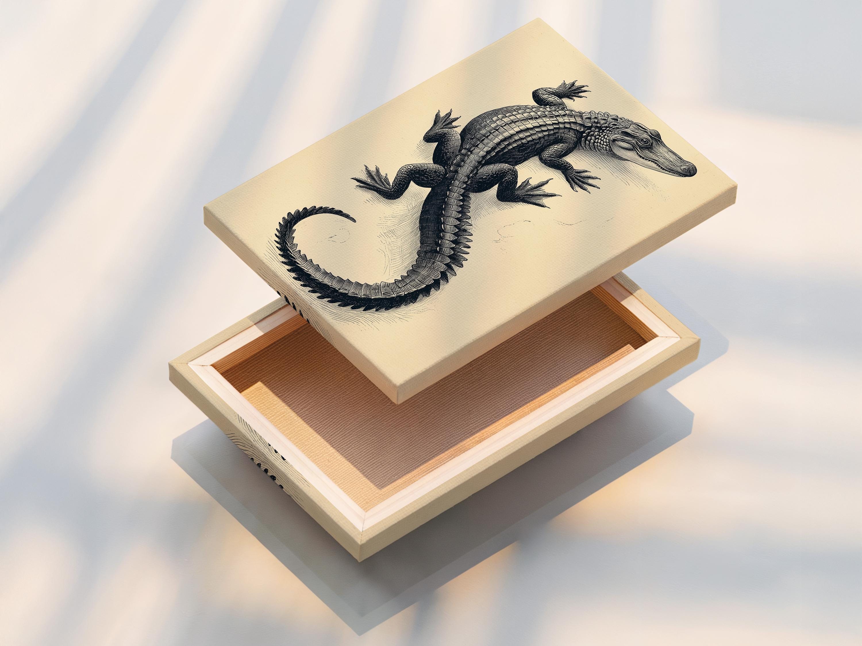 Room mockup showing framed alligator illustration above a wooden desk