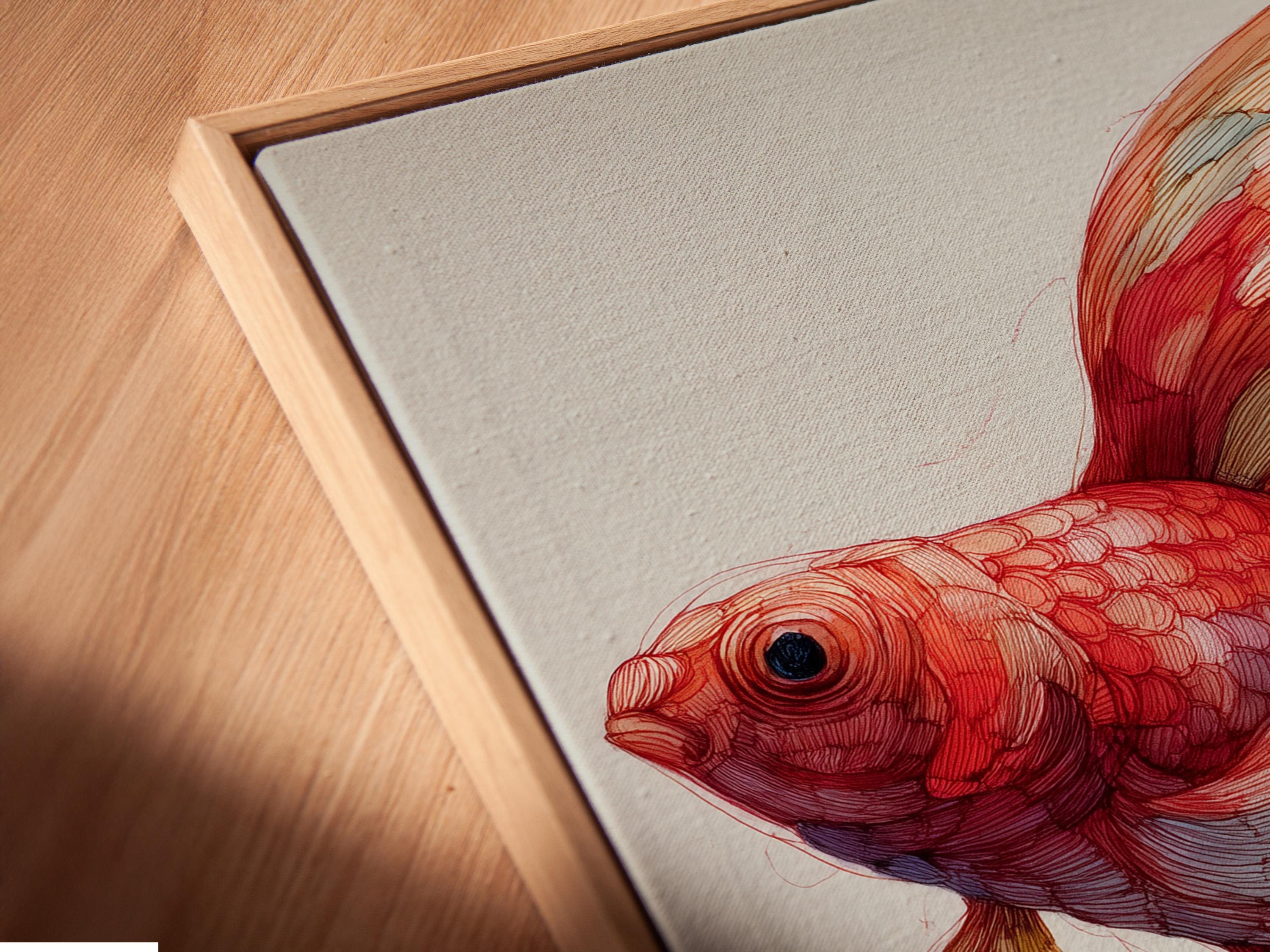 Room mockup showing a framed red goldfish illustration with teal and blue fins