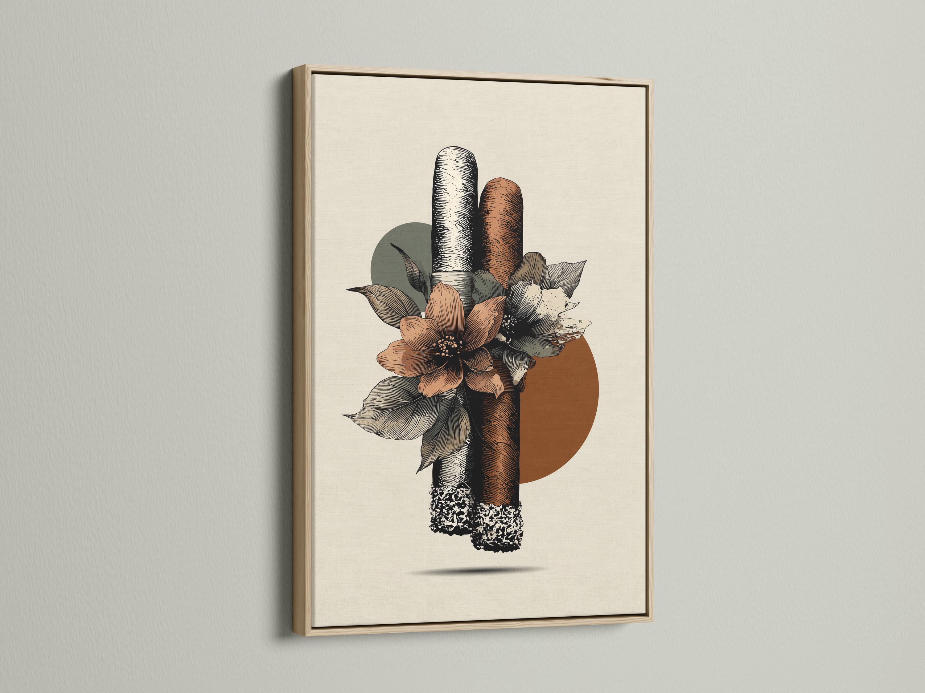 Botanical illustration of a textured cigar surrounded by terracotta flowers and dark leaves on an off-white background detail view