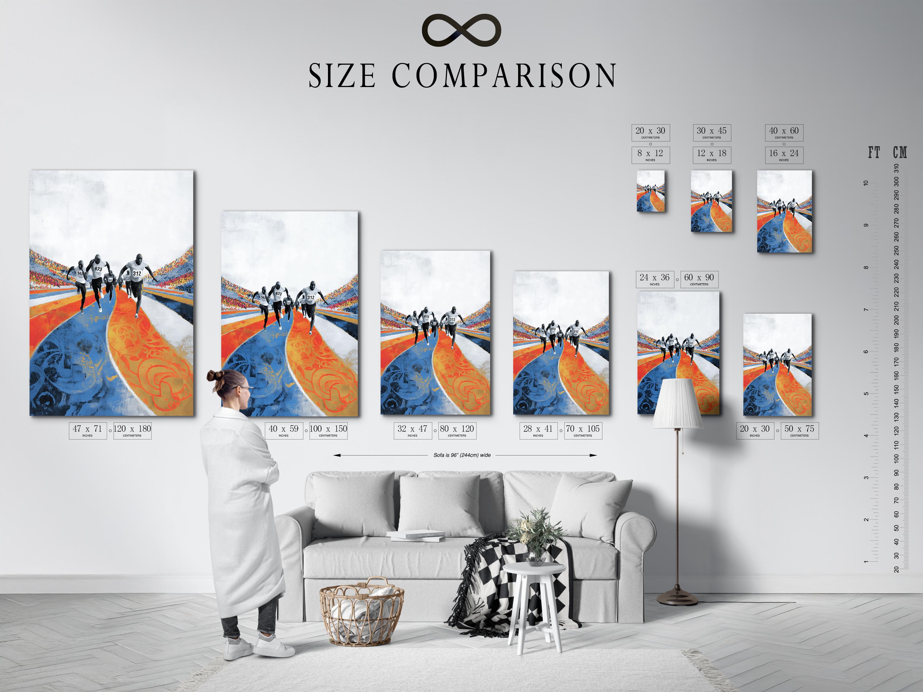 Marathon runner artwork shown in a wall mockup with frame thumbnails