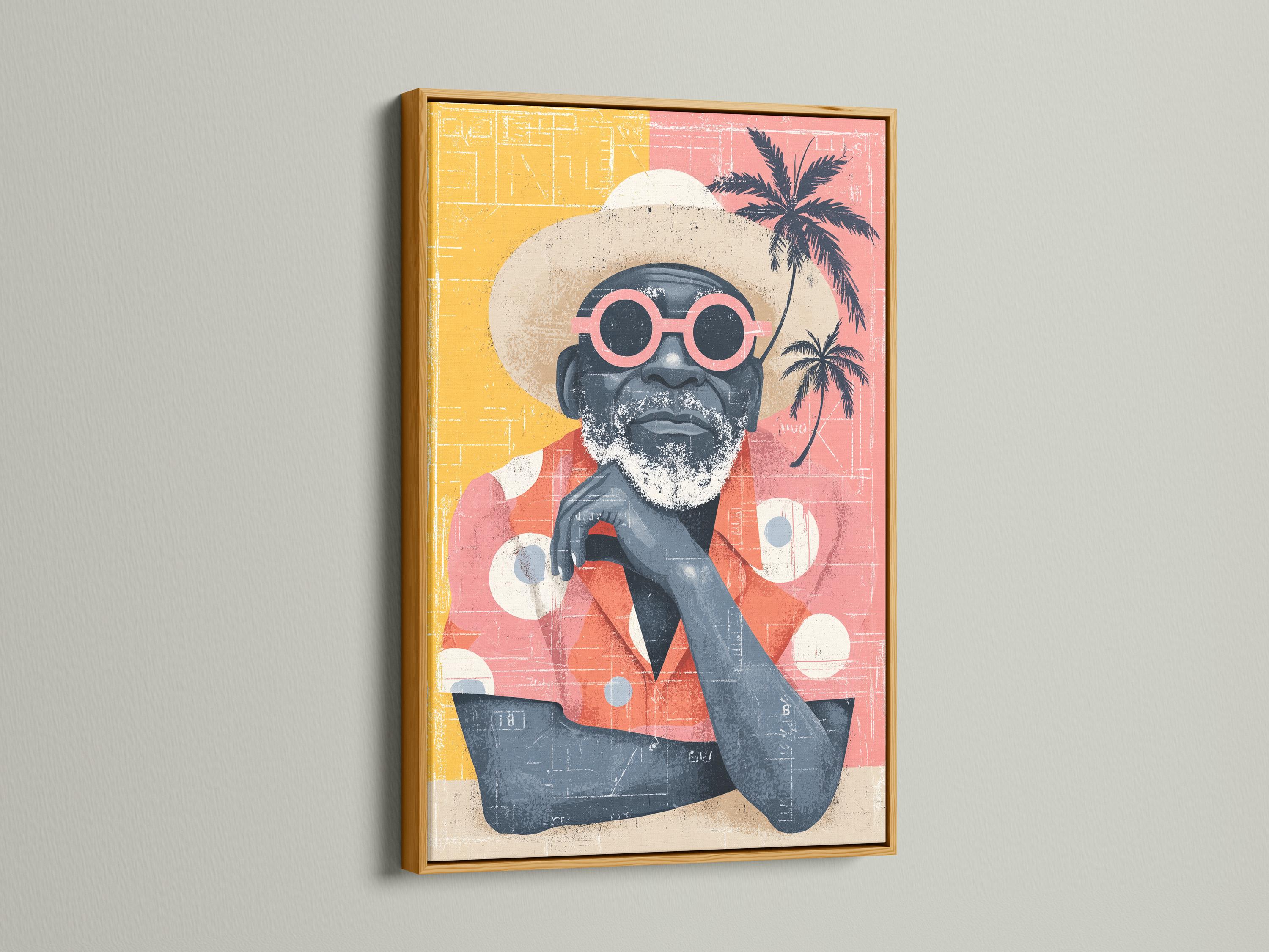 Retro portrait of a bearded man wearing oversized red-framed sunglasses with palm tree silhouettes detail view