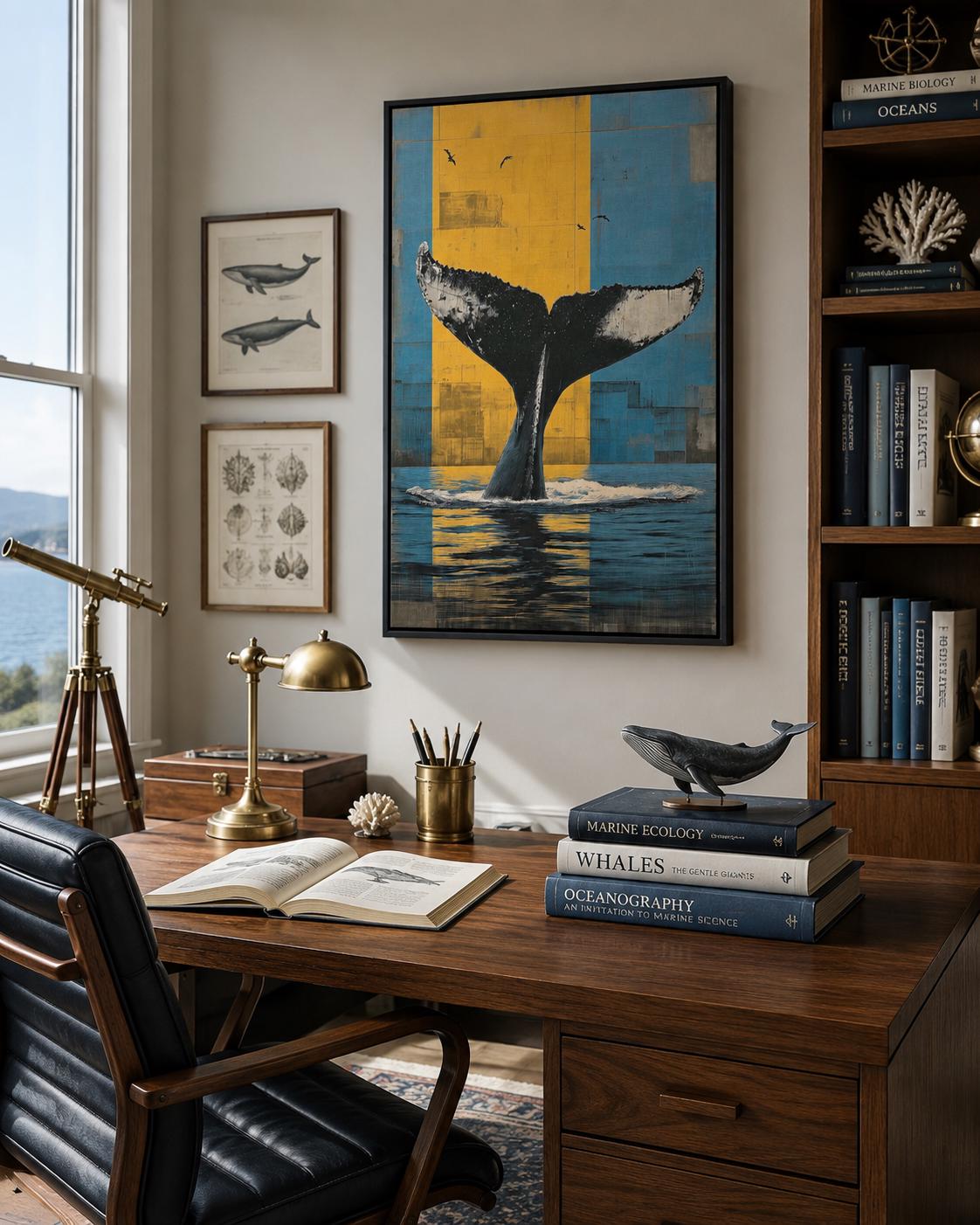 Room mockup showing framed whale tail ocean artwork above a sofa by windows