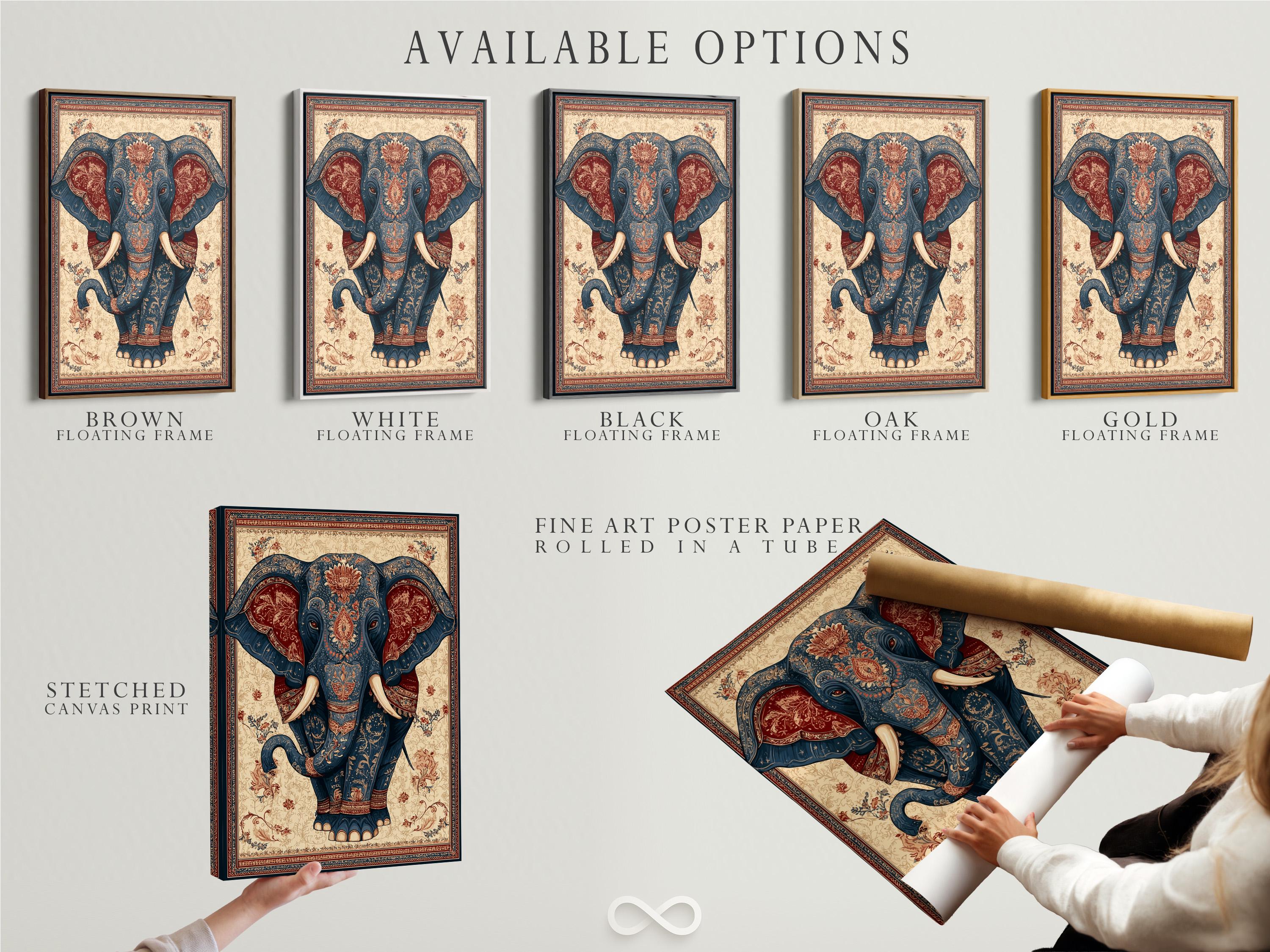 Elephant portrait illustration in deep blue with beige tusks, framed by ornate floral border patterns detail view