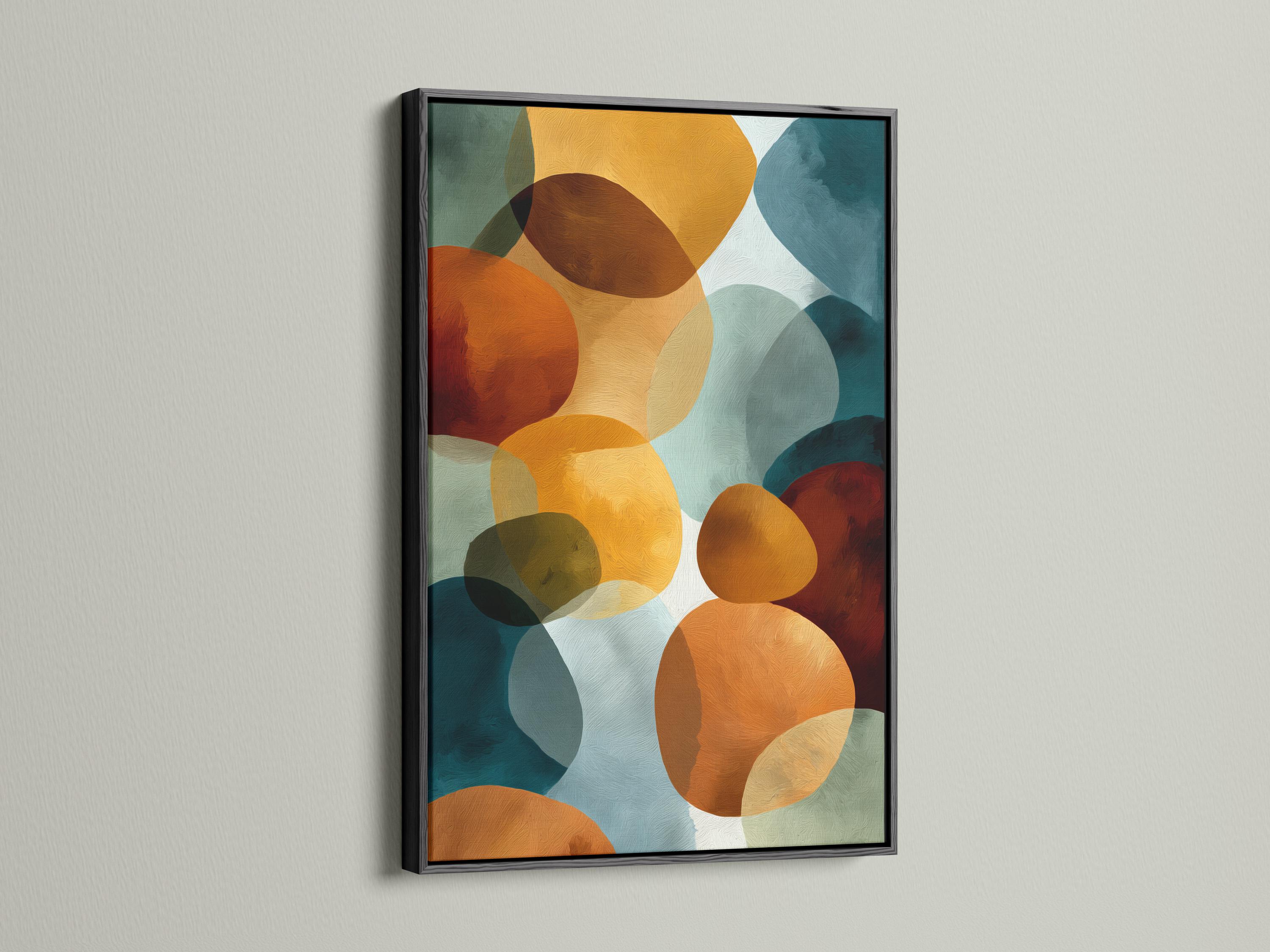 Abstract geometric wall art with overlapping rounded shapes in teal, burnt orange, cream and deep red detail view