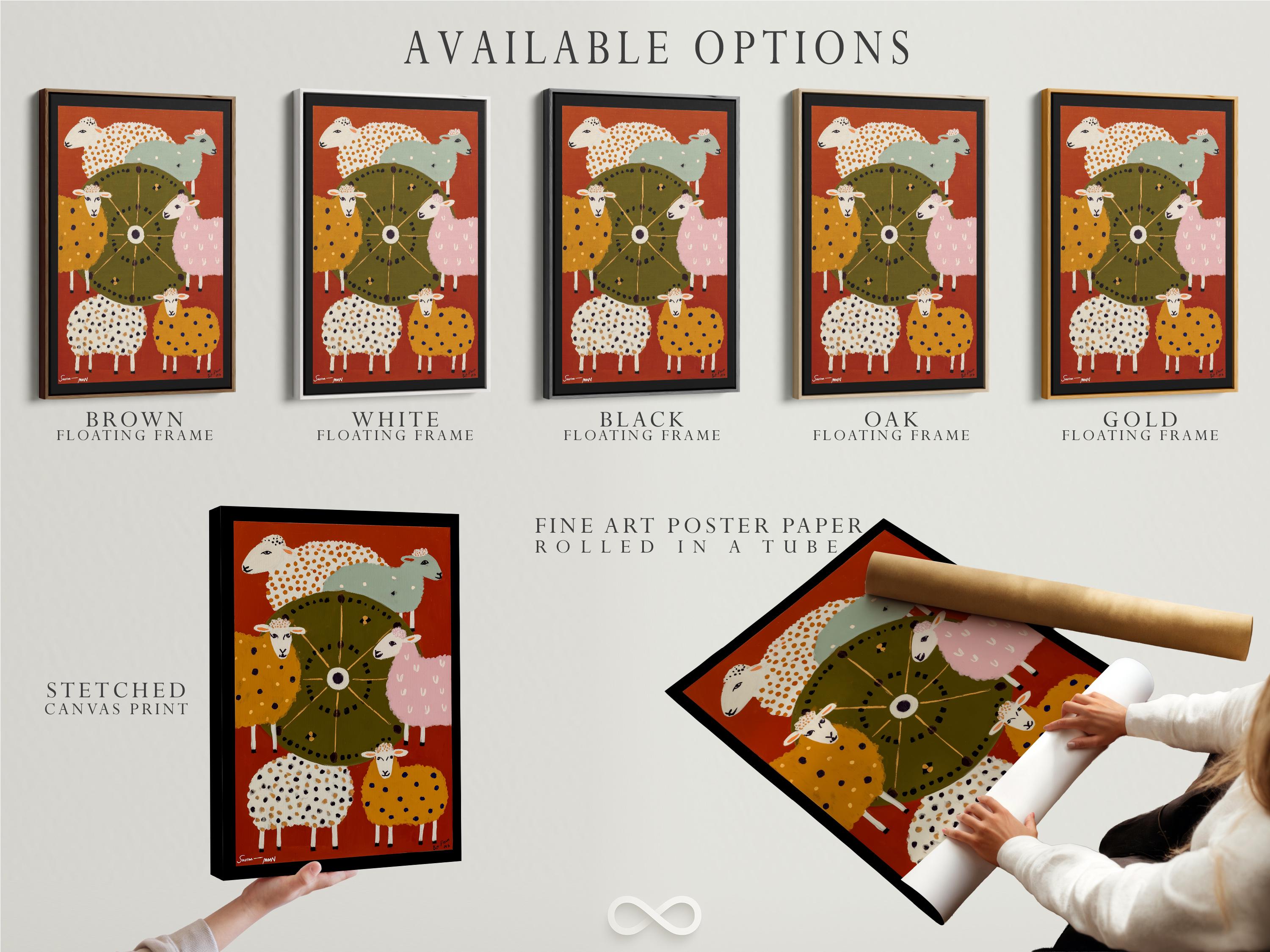 Colourful folk-style sheep illustration with a central wheel motif on a warm orange background detail view