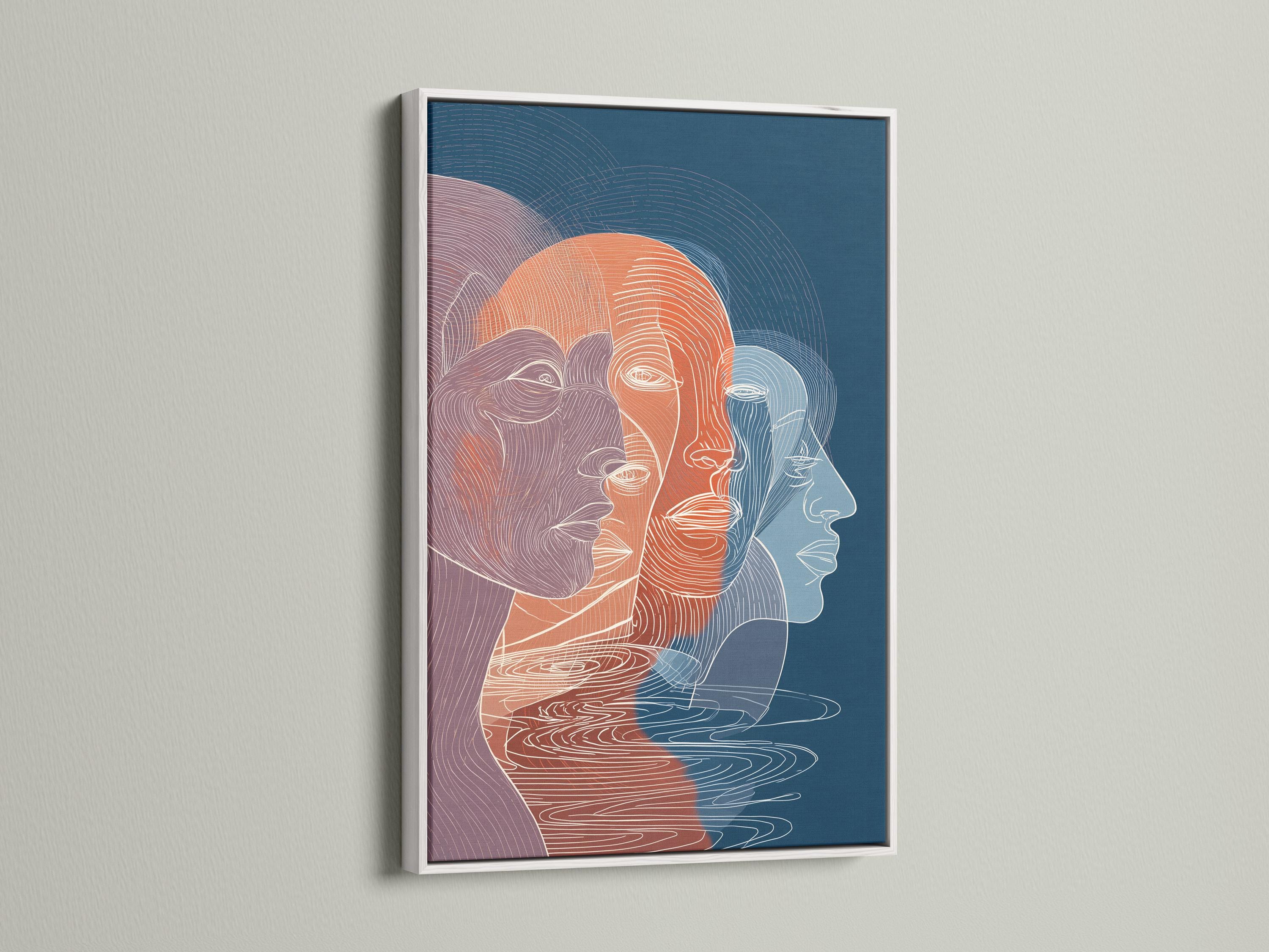 Room mockup showing an abstract faces wall artwork with indigo-blue and coral line profiles