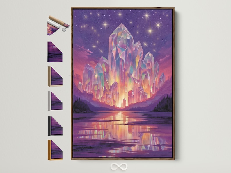 Purple crystal mountain landscape with a starry sky and reflective lake