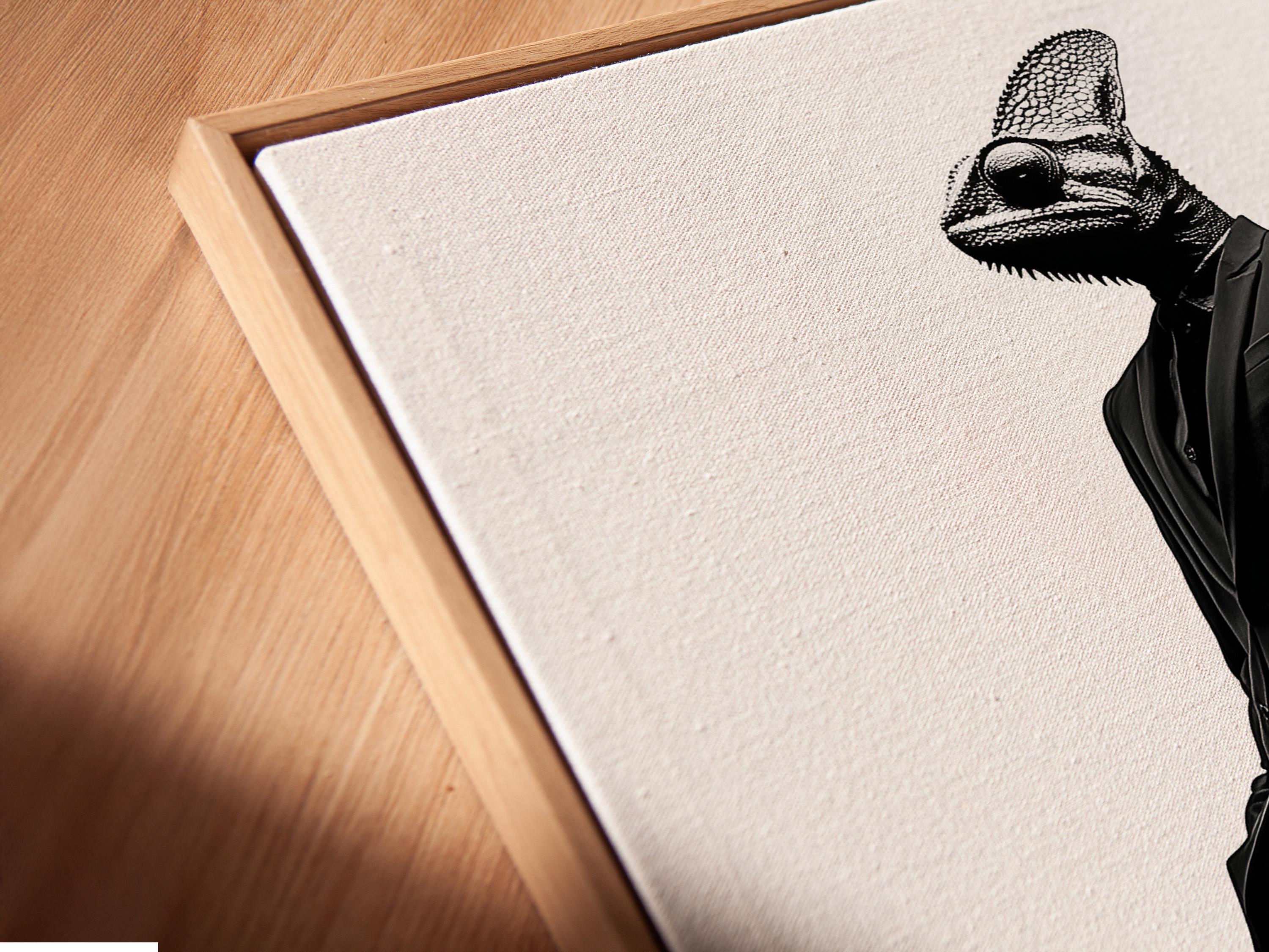 A monochrome chameleon head and suited figure walk in profile against a bright white background, rendered in high-contrast ink-like detail detail view
