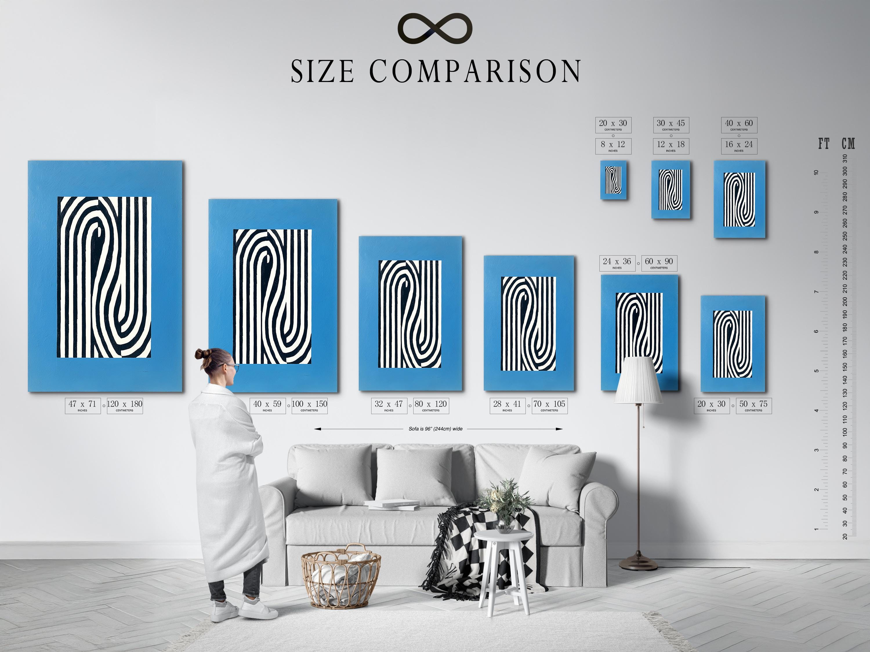 Abstract blue artwork with black and white vertical stripes and curved concentric lines detail view