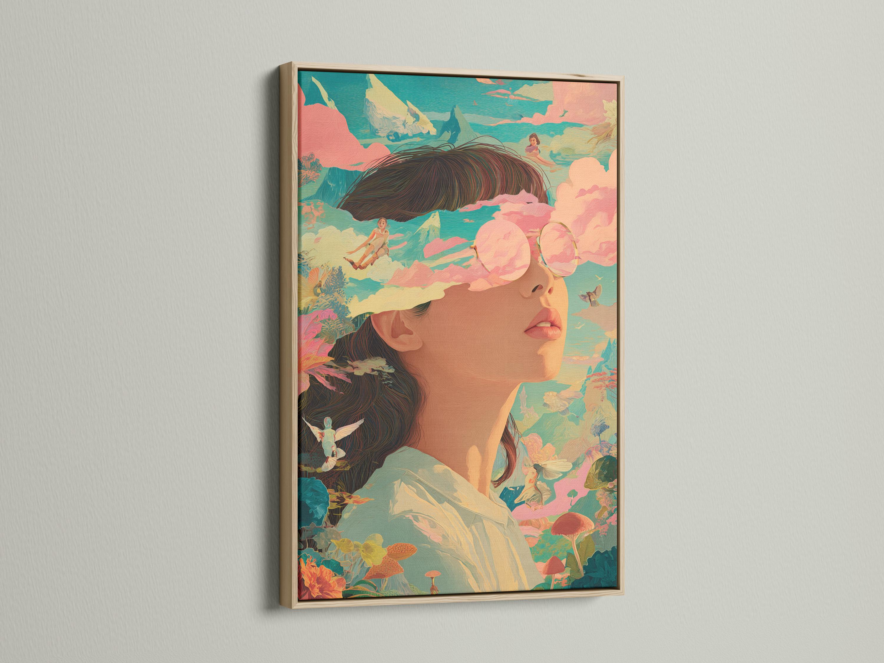 Surreal portrait of a woman with warm blush tones, clouds, foliage, and small birds detail view