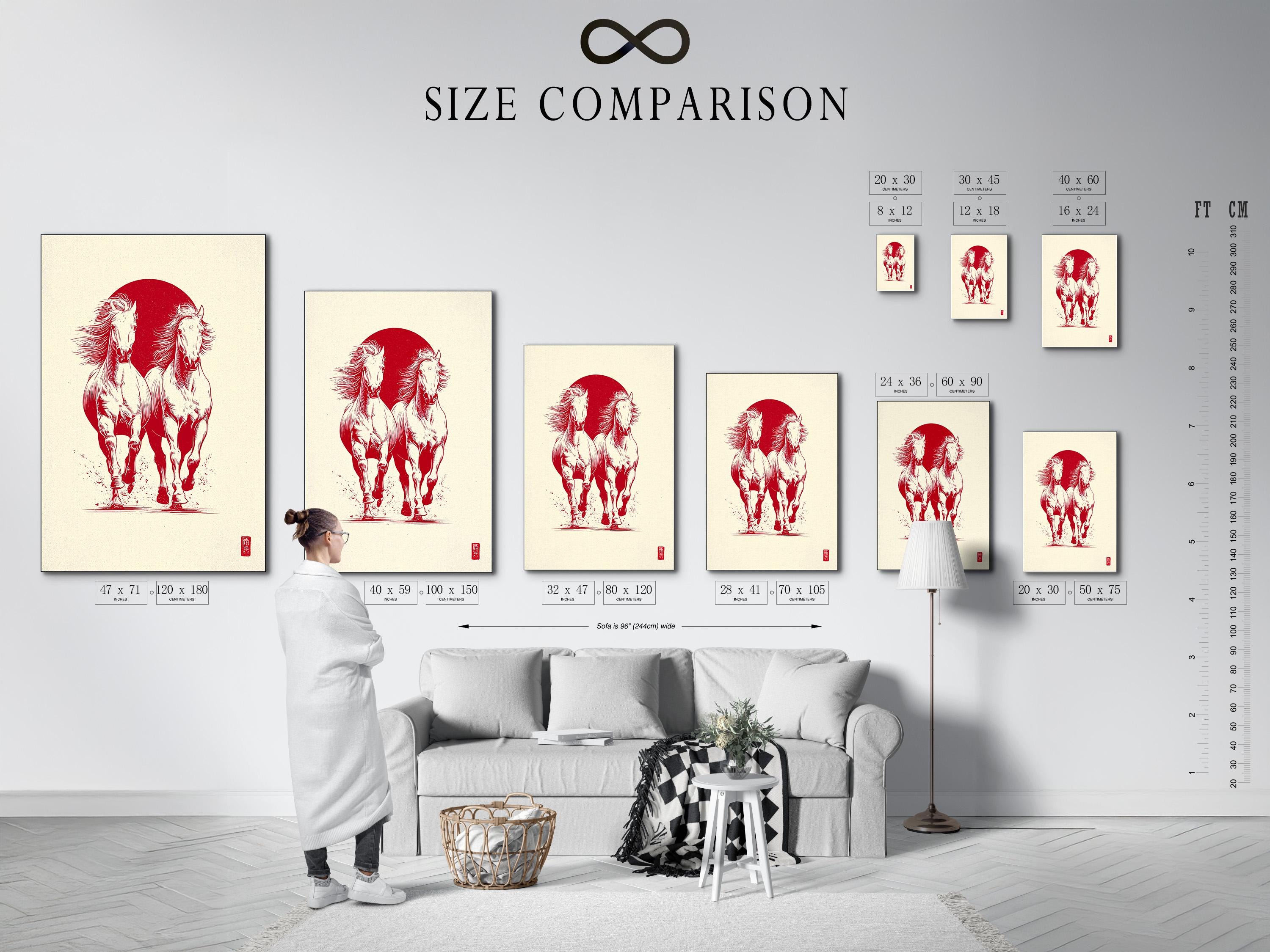 Wall mockup showing a framed artwork with two rearing horses in white against a red circle