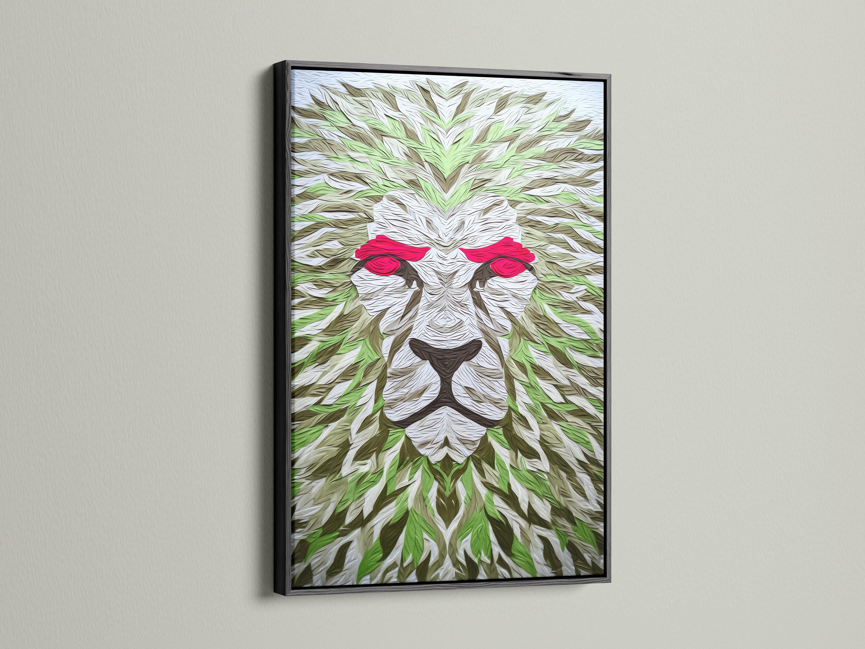 Room mockup showing a large lion artwork with green leaf pattern and red eyes above a bed