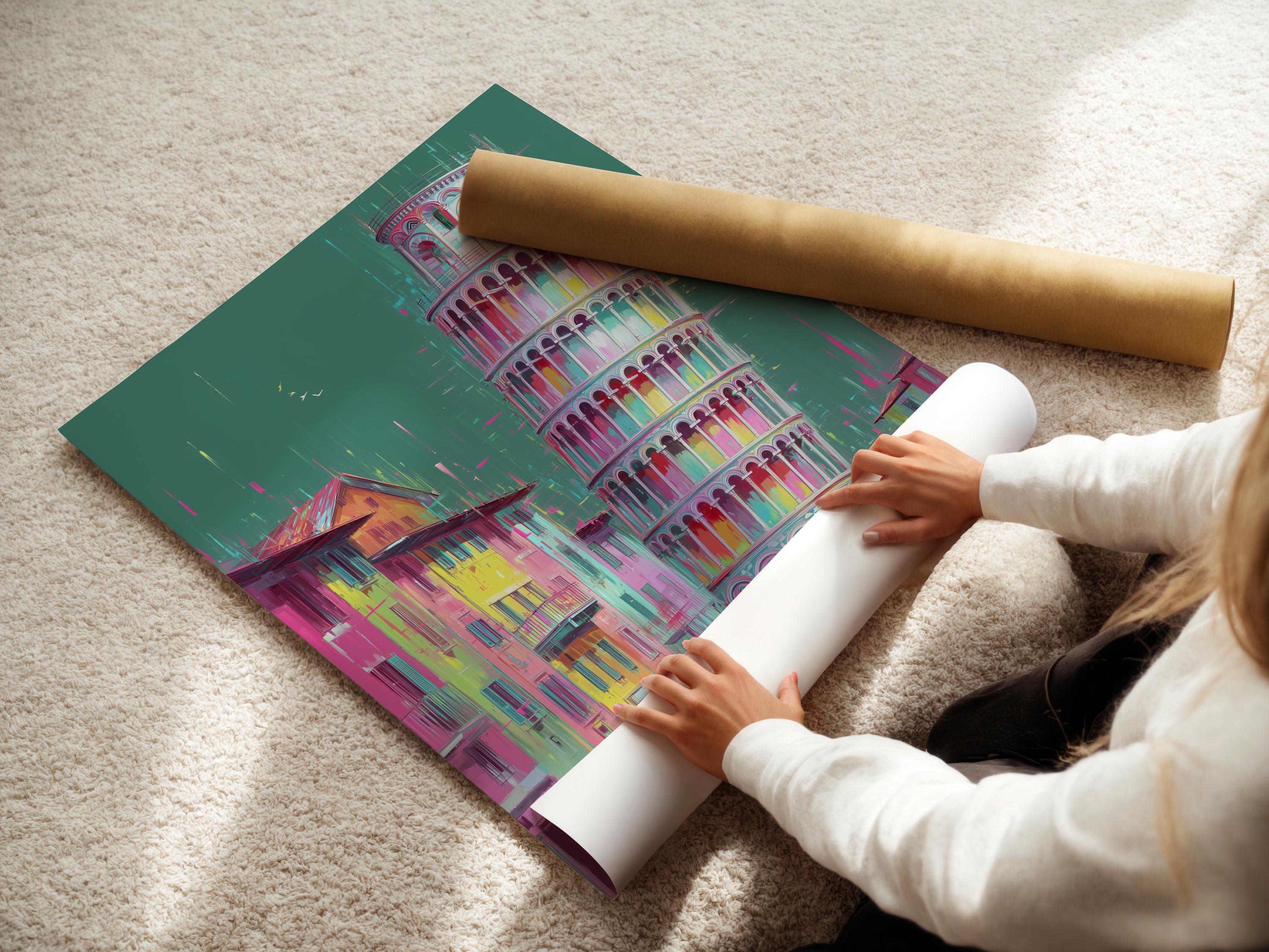 Stylised tall tower and city street in teal, pink, yellow and cyan detail view