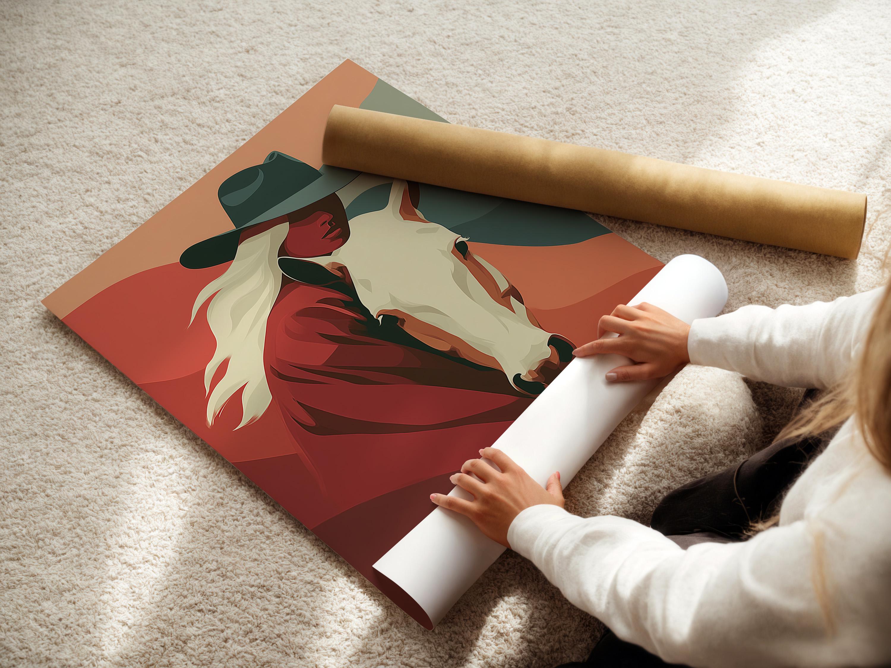 Stylised cowgirl and horse portrait with terracotta and red tones and muted teal accents detail view