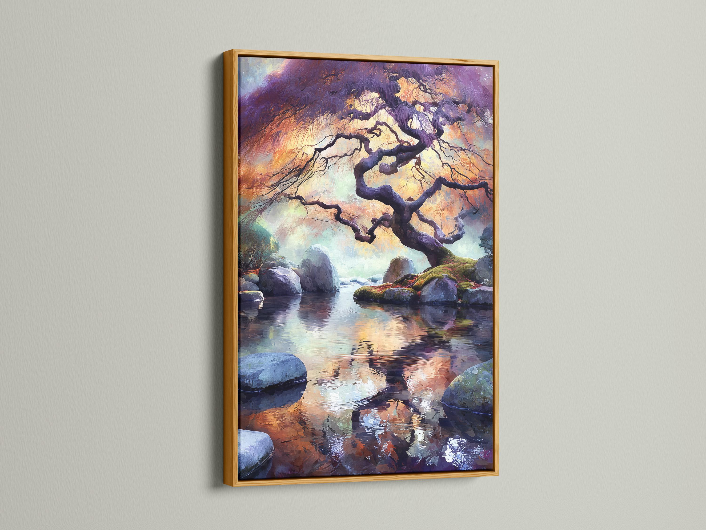 Twisting tree silhouette over rocks and still water with purple orange sunset reflections detail view