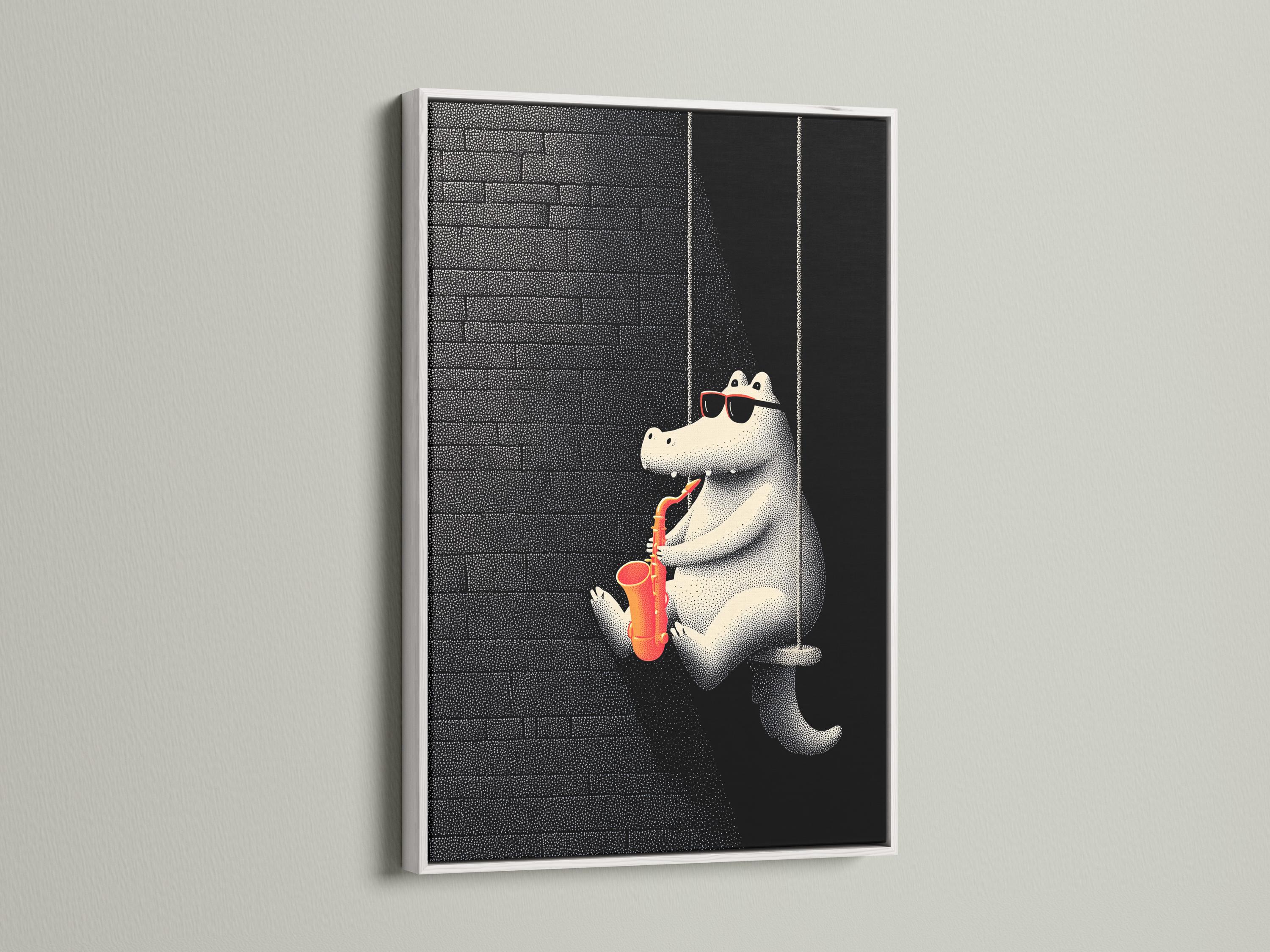 Stylised alligator with sunglasses playing a red-orange saxophone on a black speckled grid background detail view