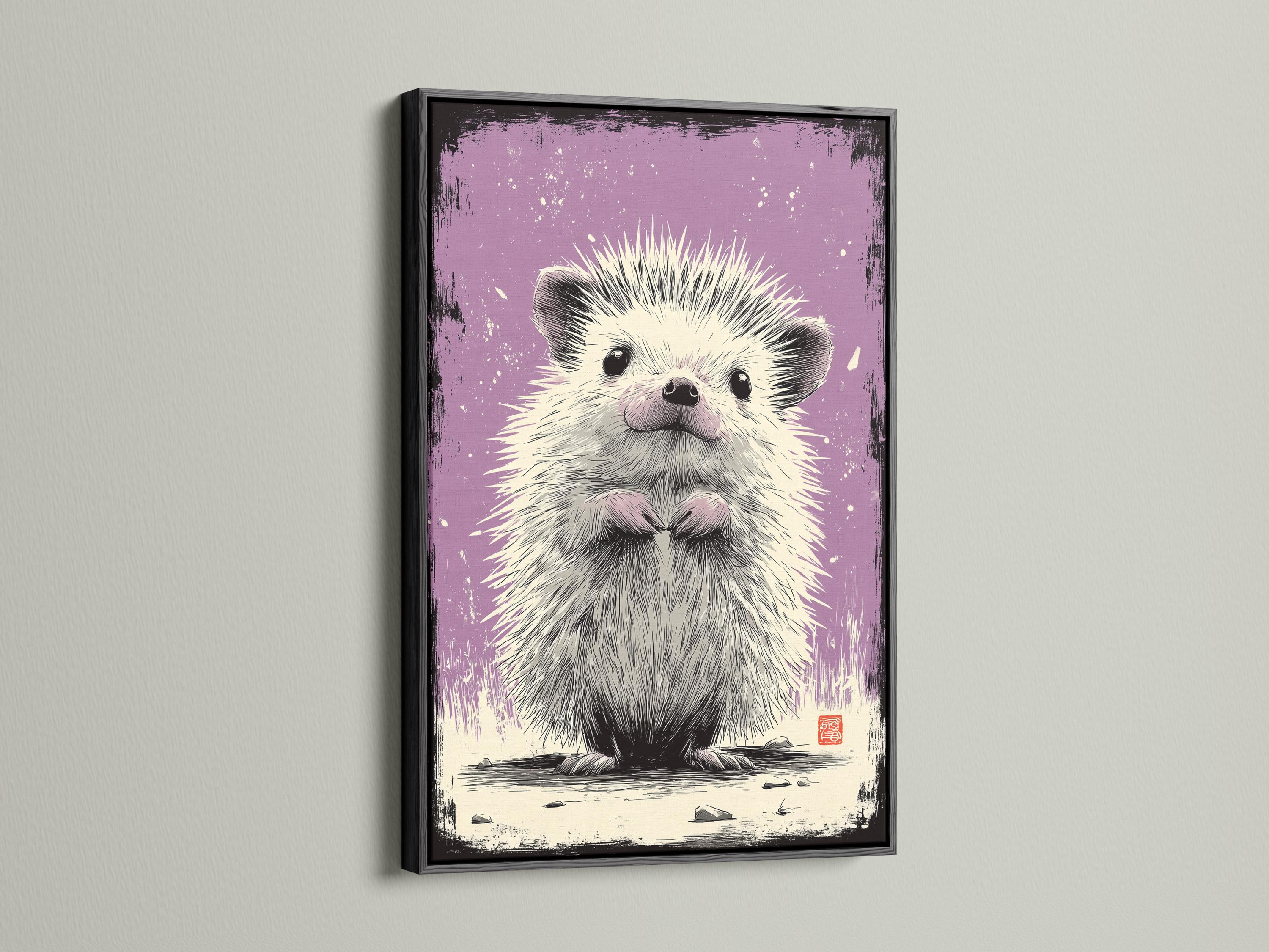Hedgehog artwork shown in a framed wall mockup on a light background
