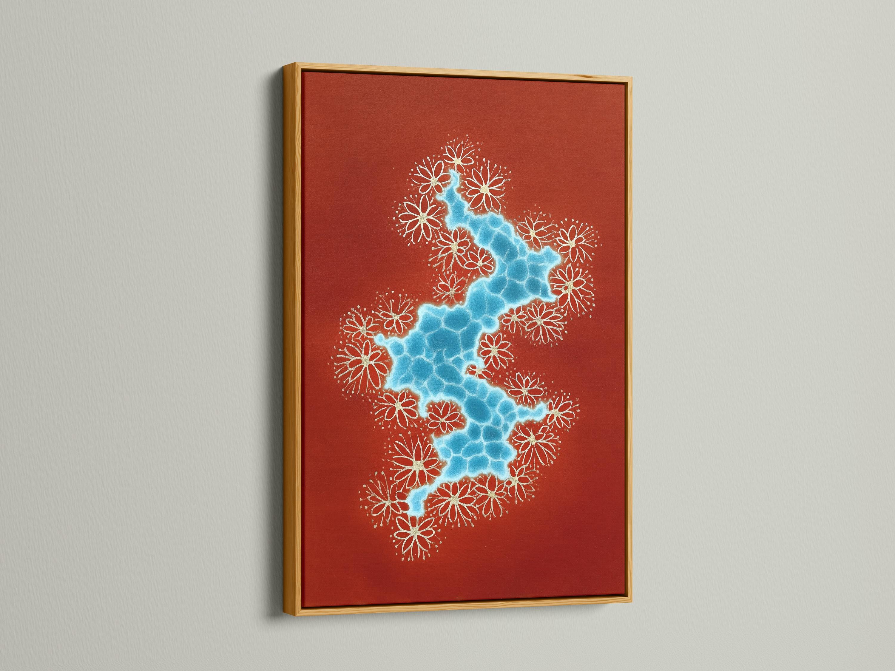 Wall mockup showing framed red abstract river artwork with blue water shape and white flowers