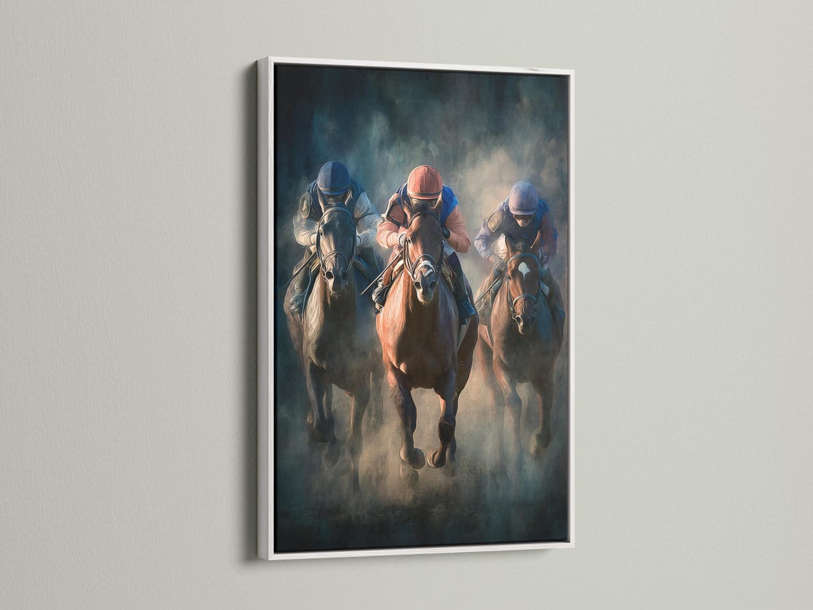 Painterly horse racing scene with jockeys in helmets riding galloping horses detail view