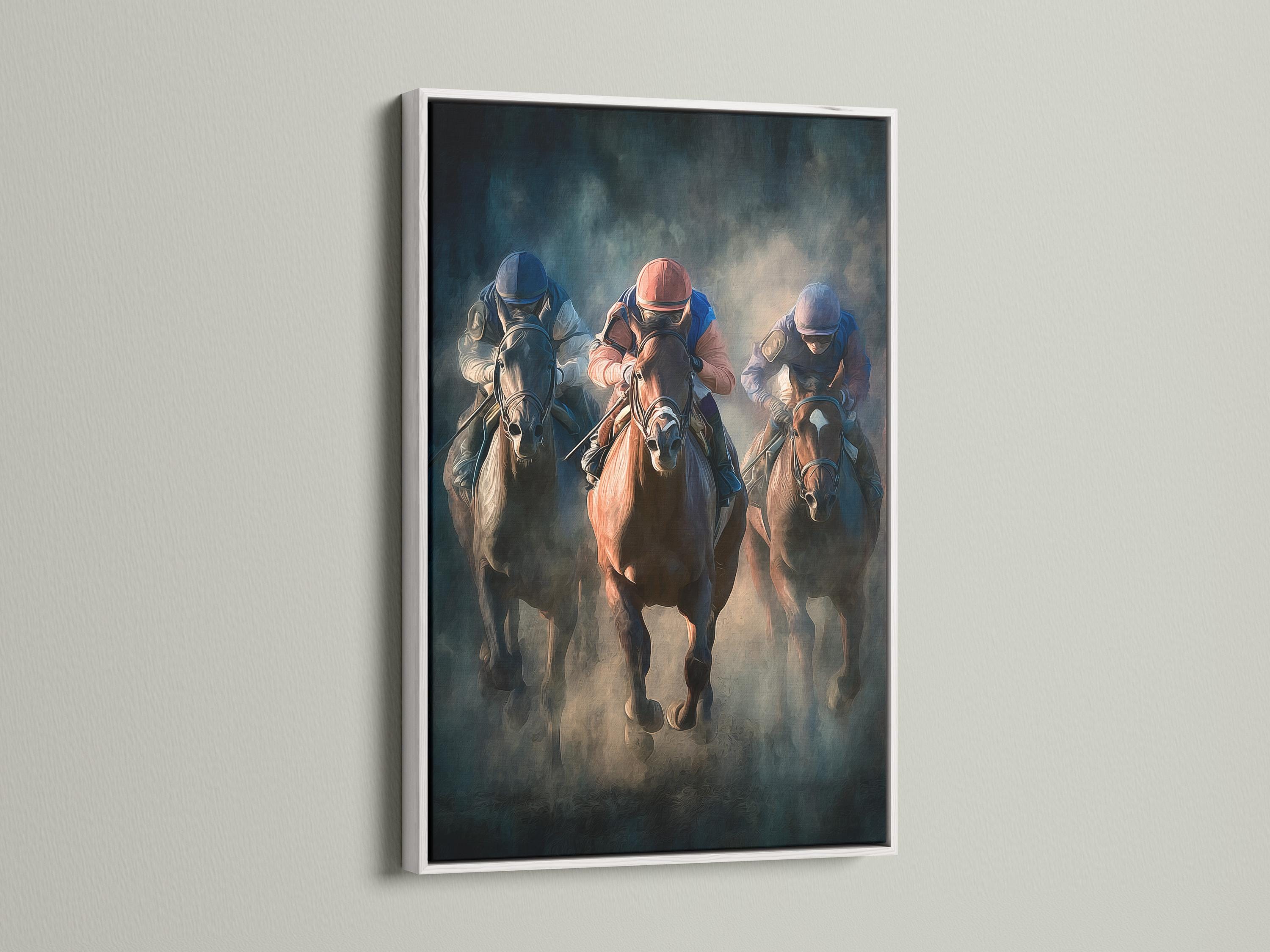 Painterly horse racing scene with jockeys in helmets riding galloping horses detail view