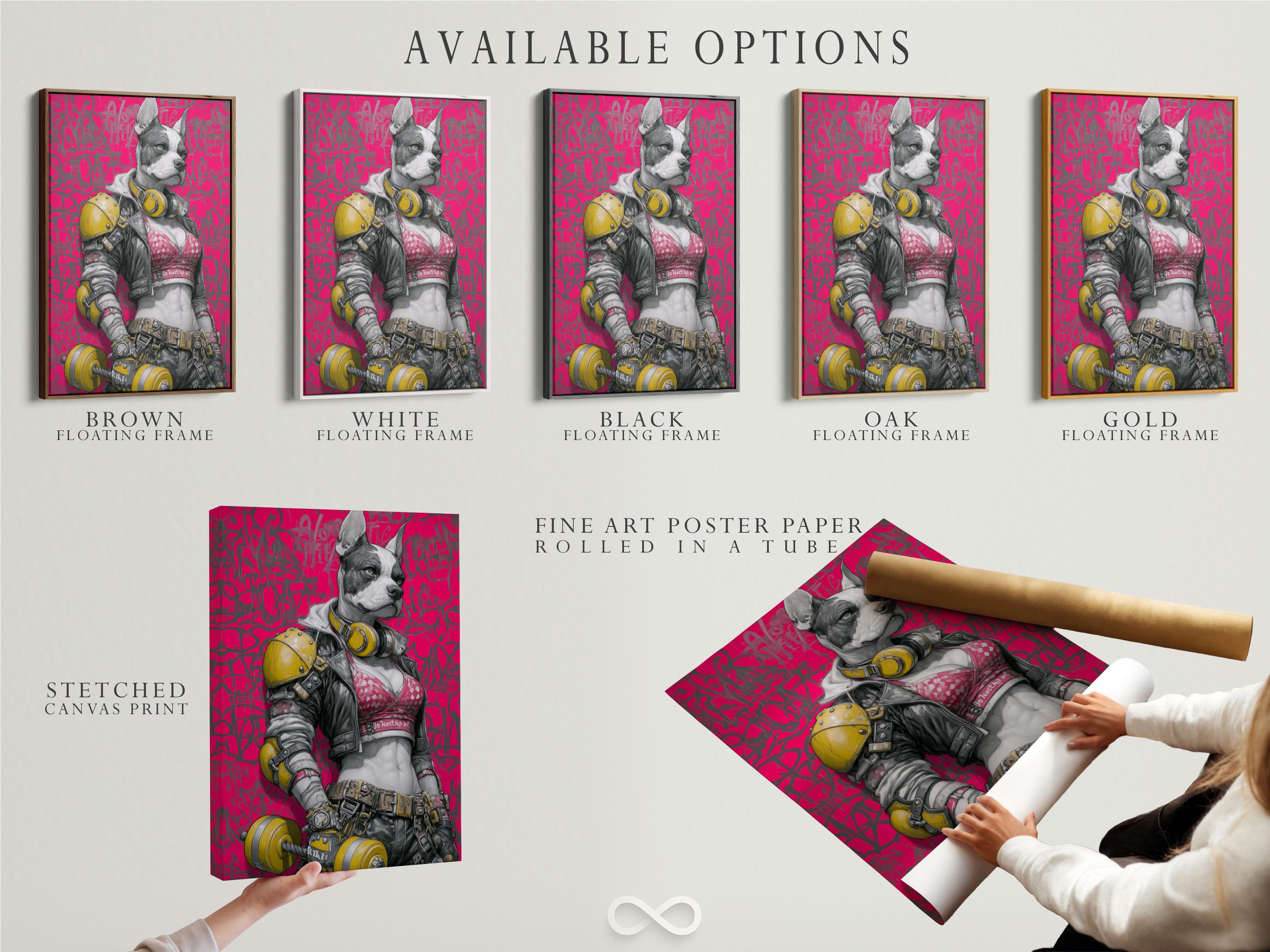 Stylised astronaut dog illustration with a pink graffiti background and yellow accents detail view
