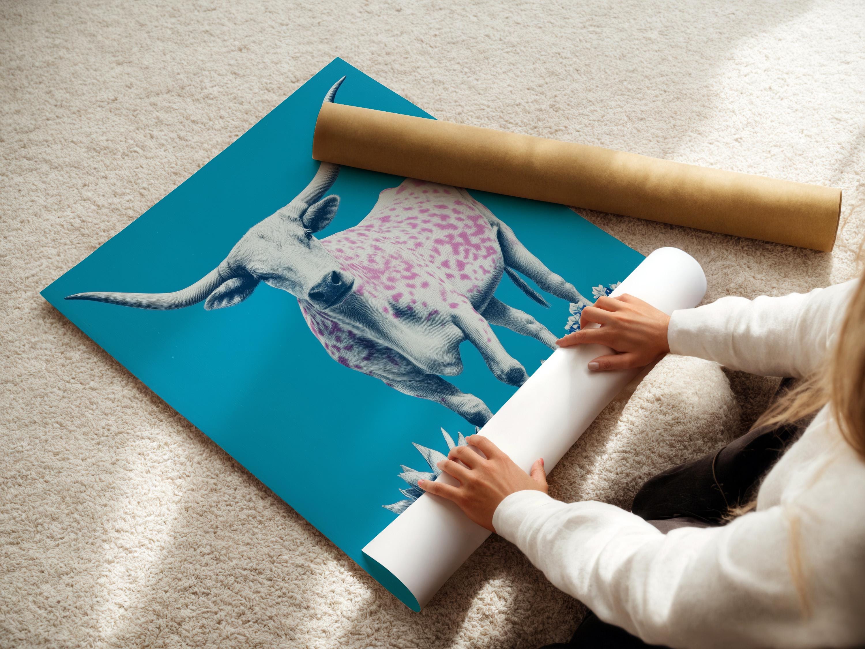 Illustration of a white longhorn cow with pink spots and blue flowers on a turquoise background detail view