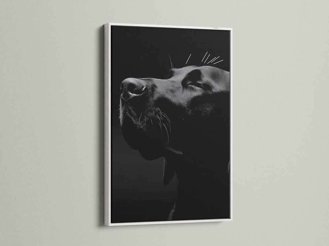 Monochrome dog portrait with crosshatched shading on a dark background detail view