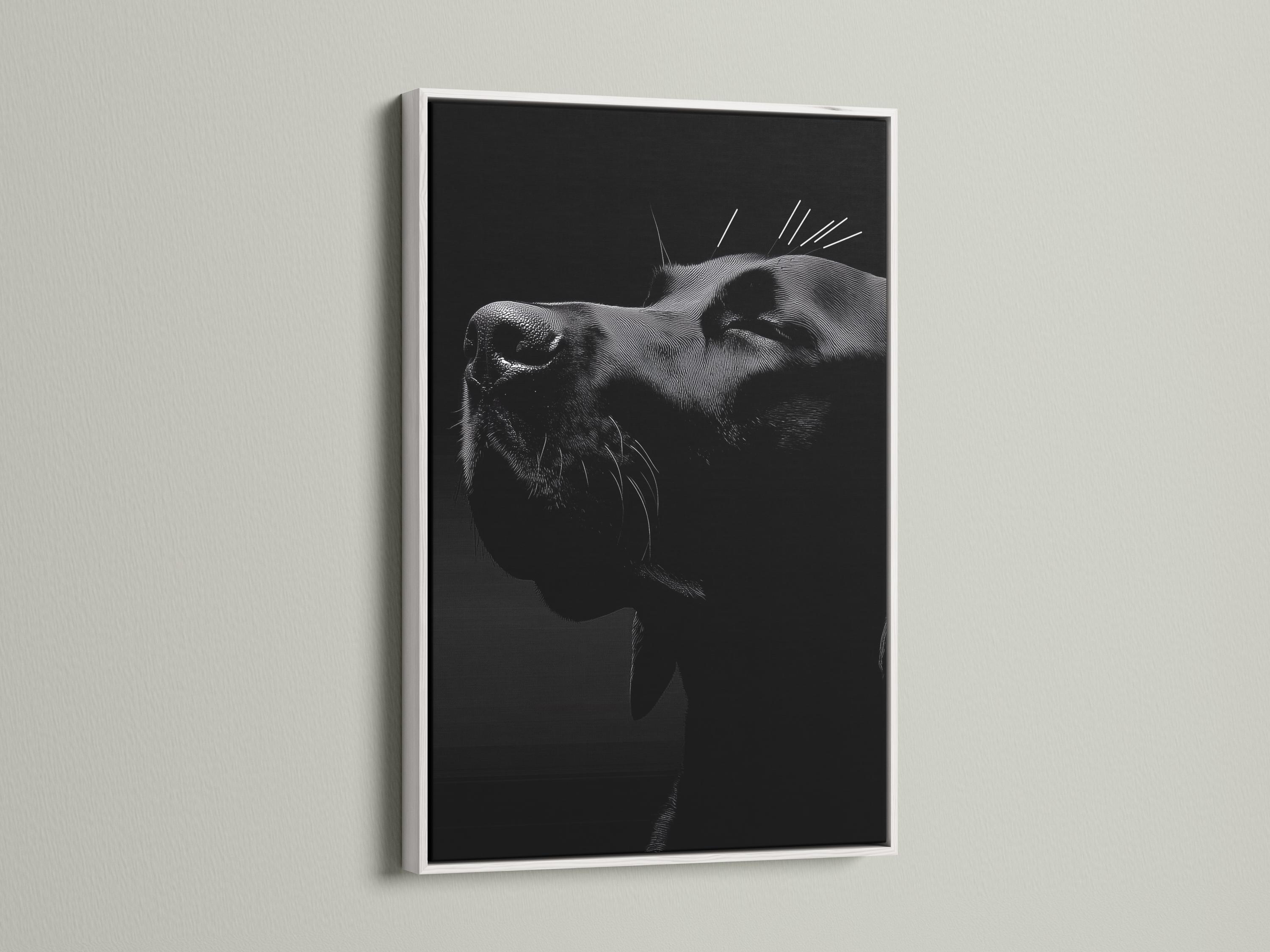Monochrome dog portrait with crosshatched shading on a dark background detail view