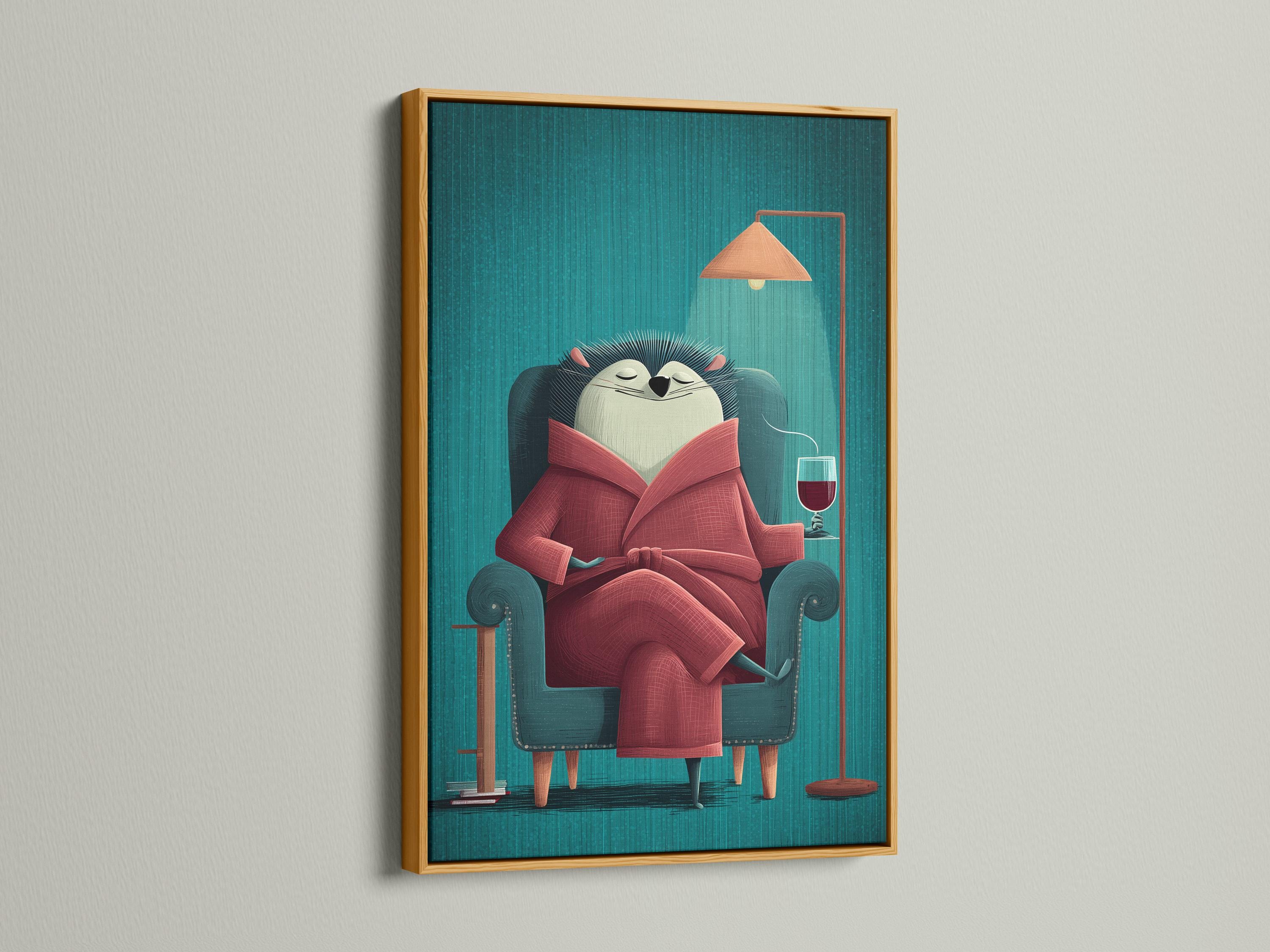 A hedgehog in a teal armchair reads a large red book, outlined by stylised quills on a striped teal background with an orange lamp and a wine glass