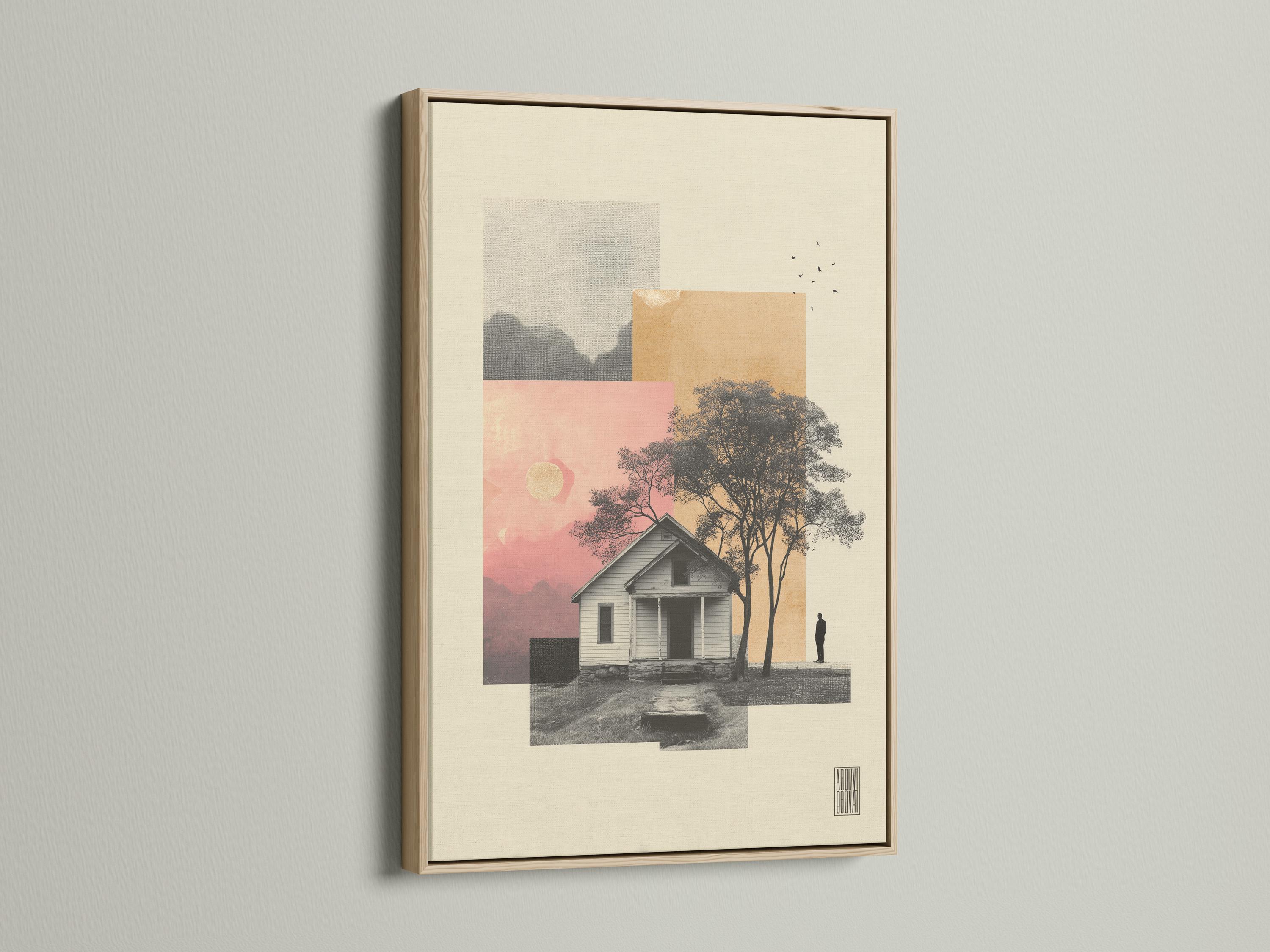 Portrait framed artwork mockup showing a small house and tree silhouettes on beige and pink layered background