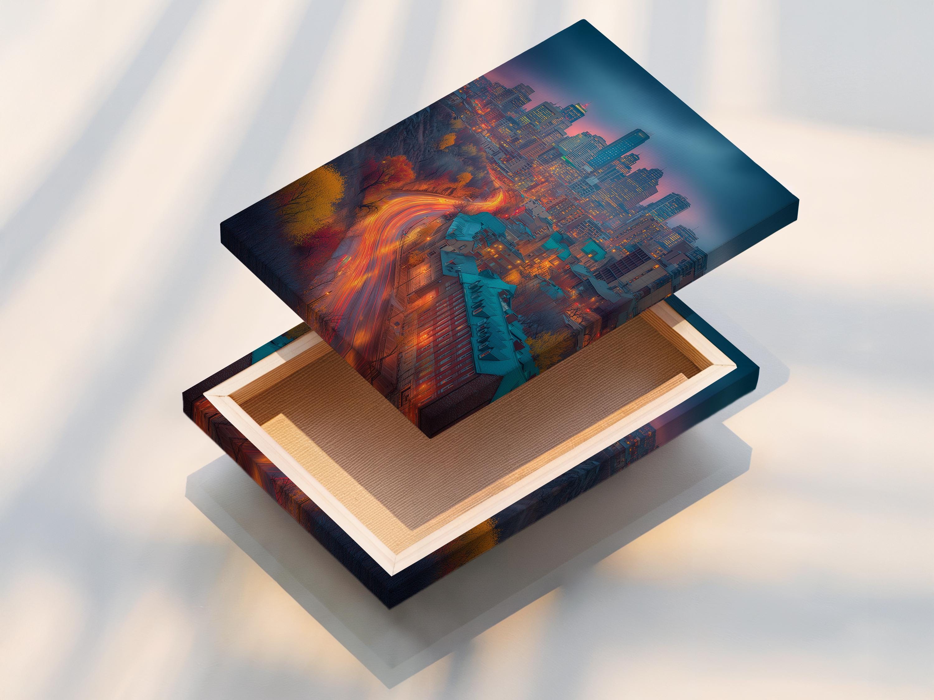 Teal and orange dusk city skyline with glowing curved road lights detail view