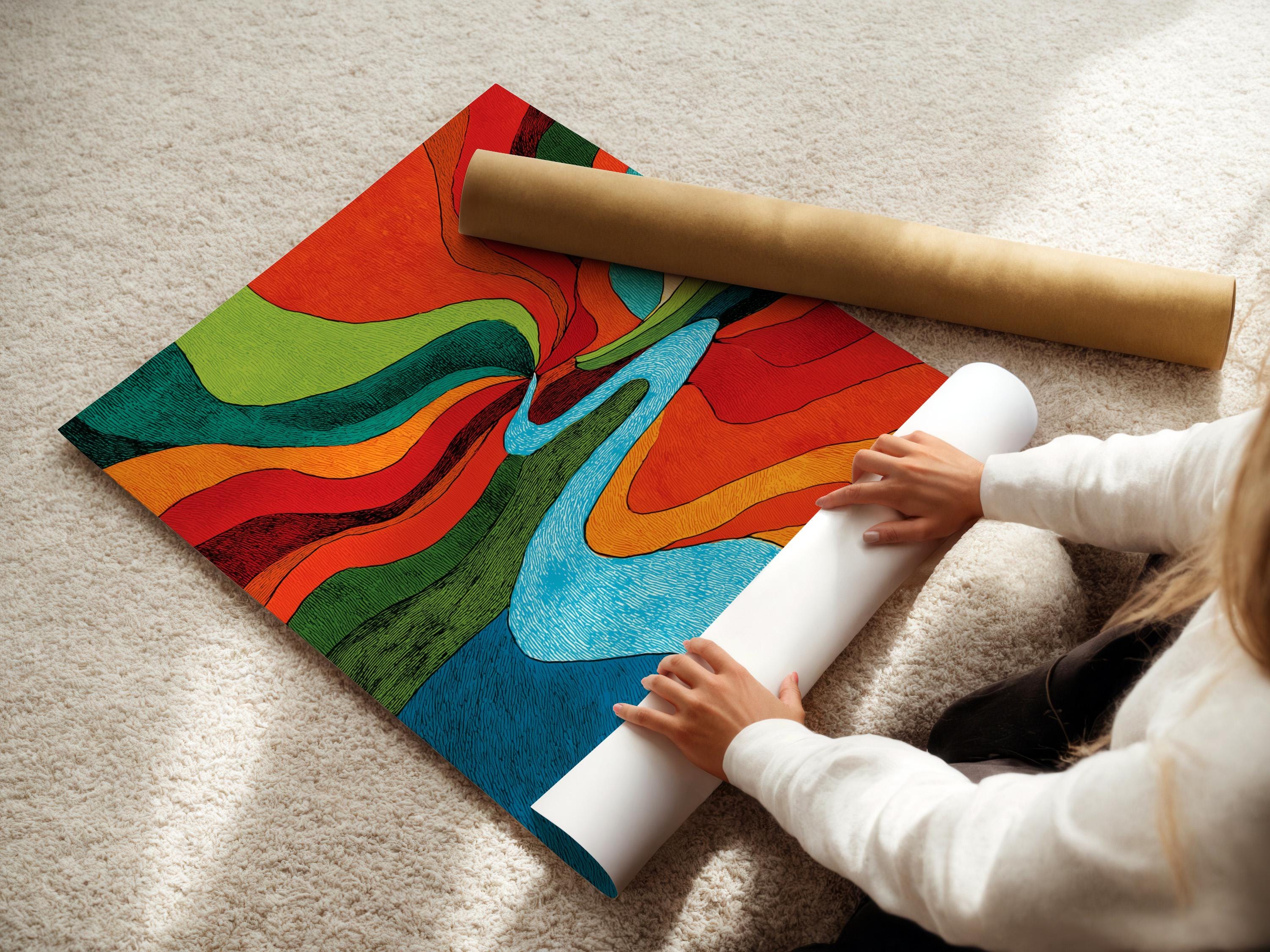 Retro abstract river artwork with bright blue water and vivid red, orange, green and teal bands detail view
