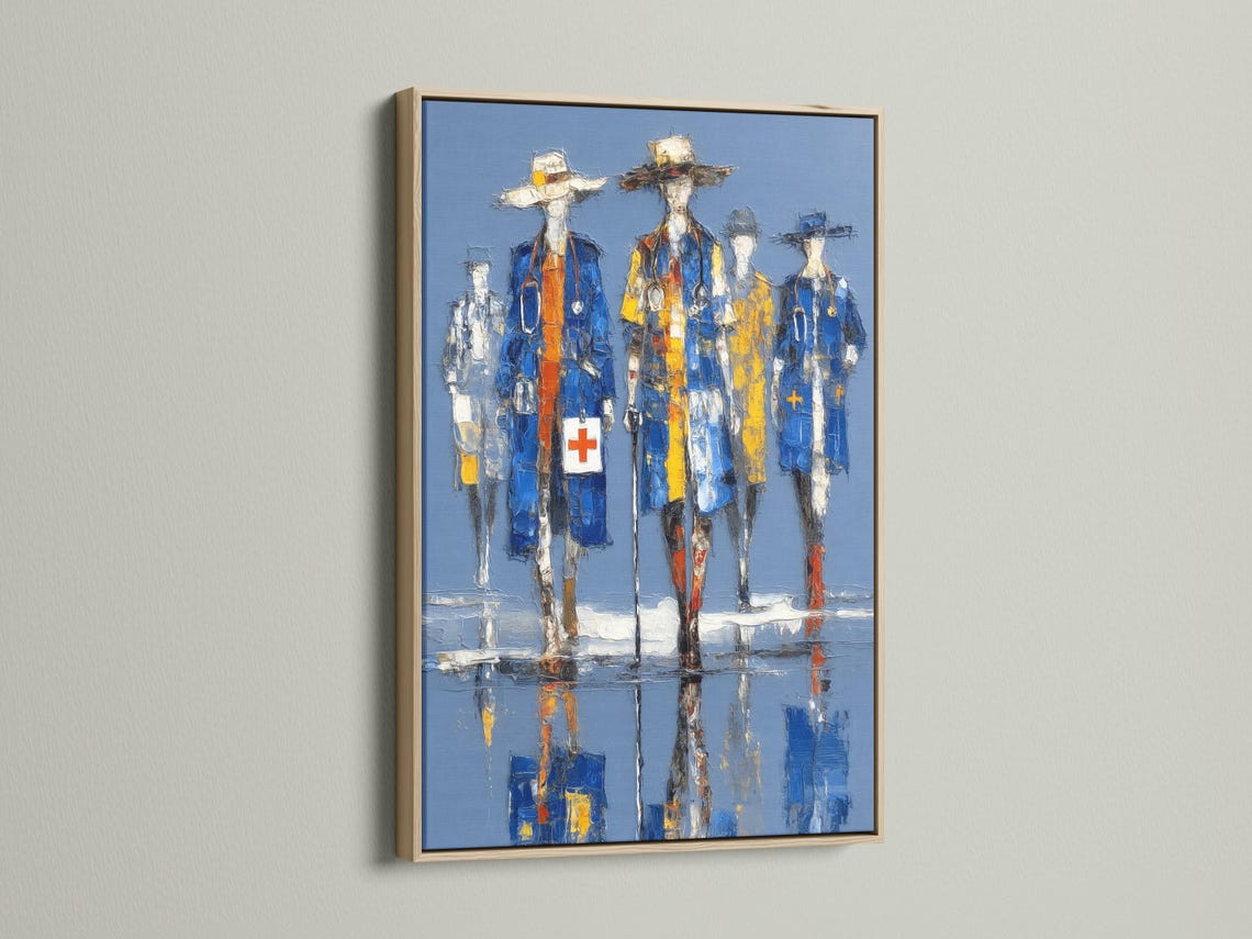 Blue and yellow medical staff figures with white cross symbols in a painterly style detail view