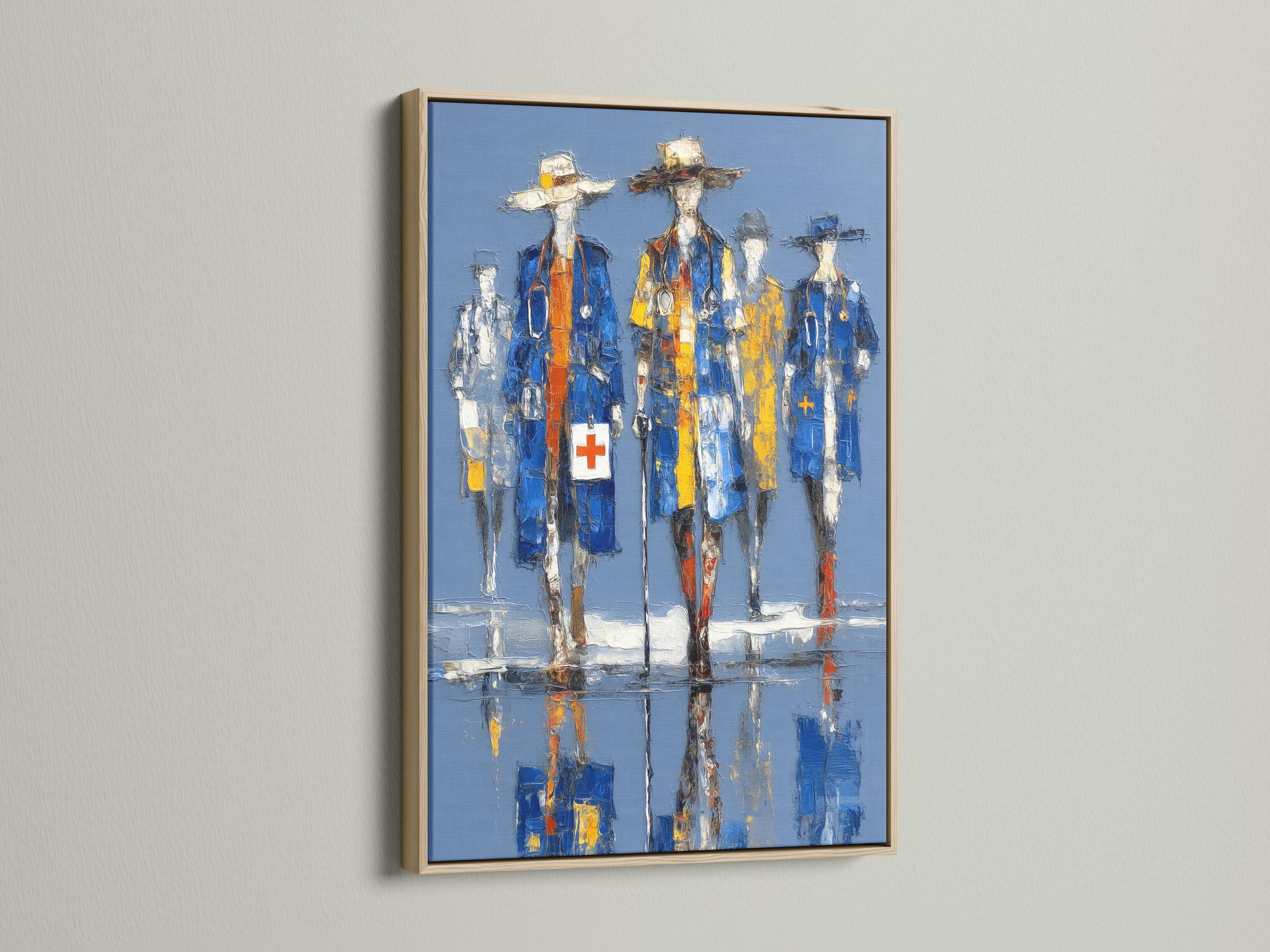 Blue and yellow medical staff figures with white cross symbols in a painterly style detail view